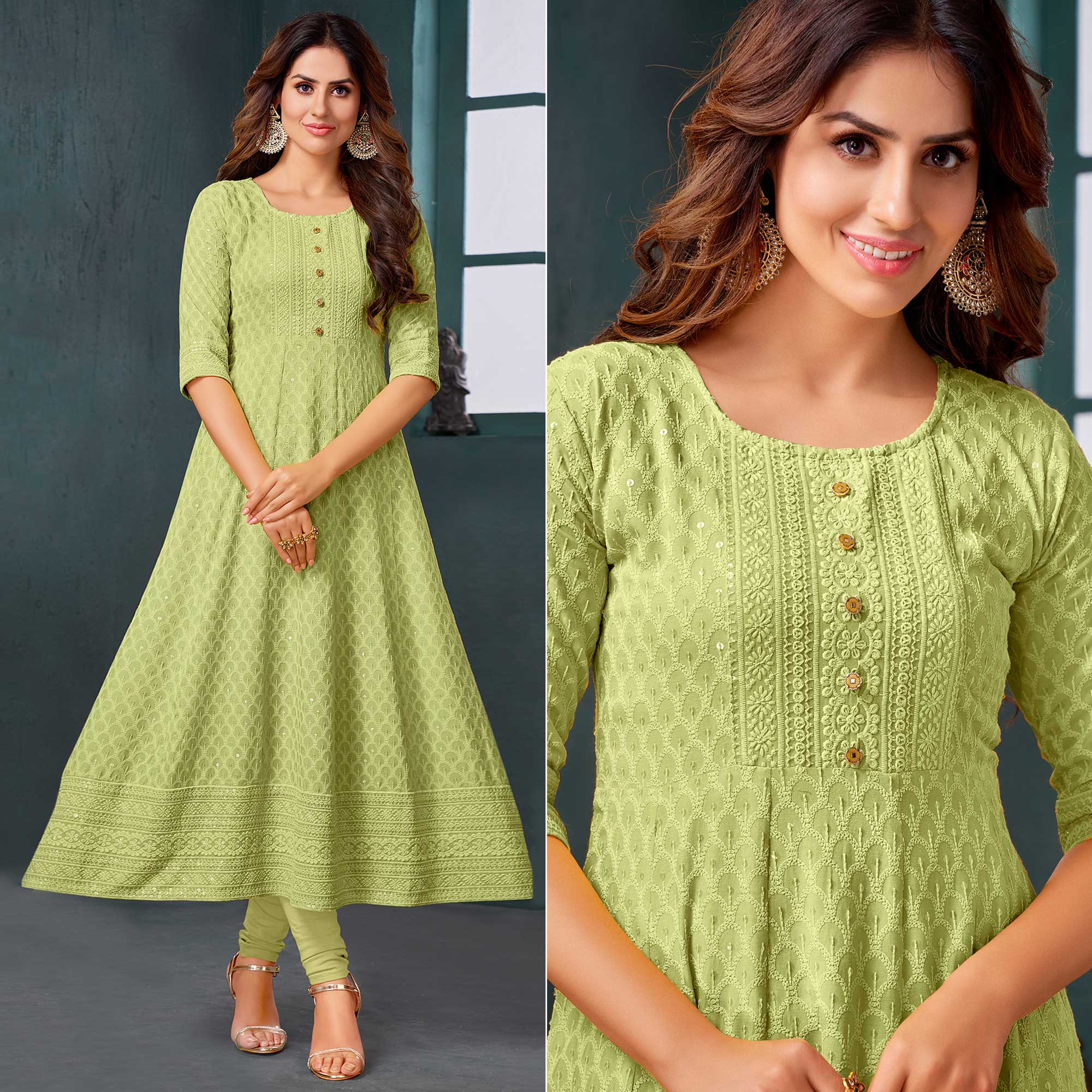 Green Chikankari Work Aanarkali Style Rayon Kurti