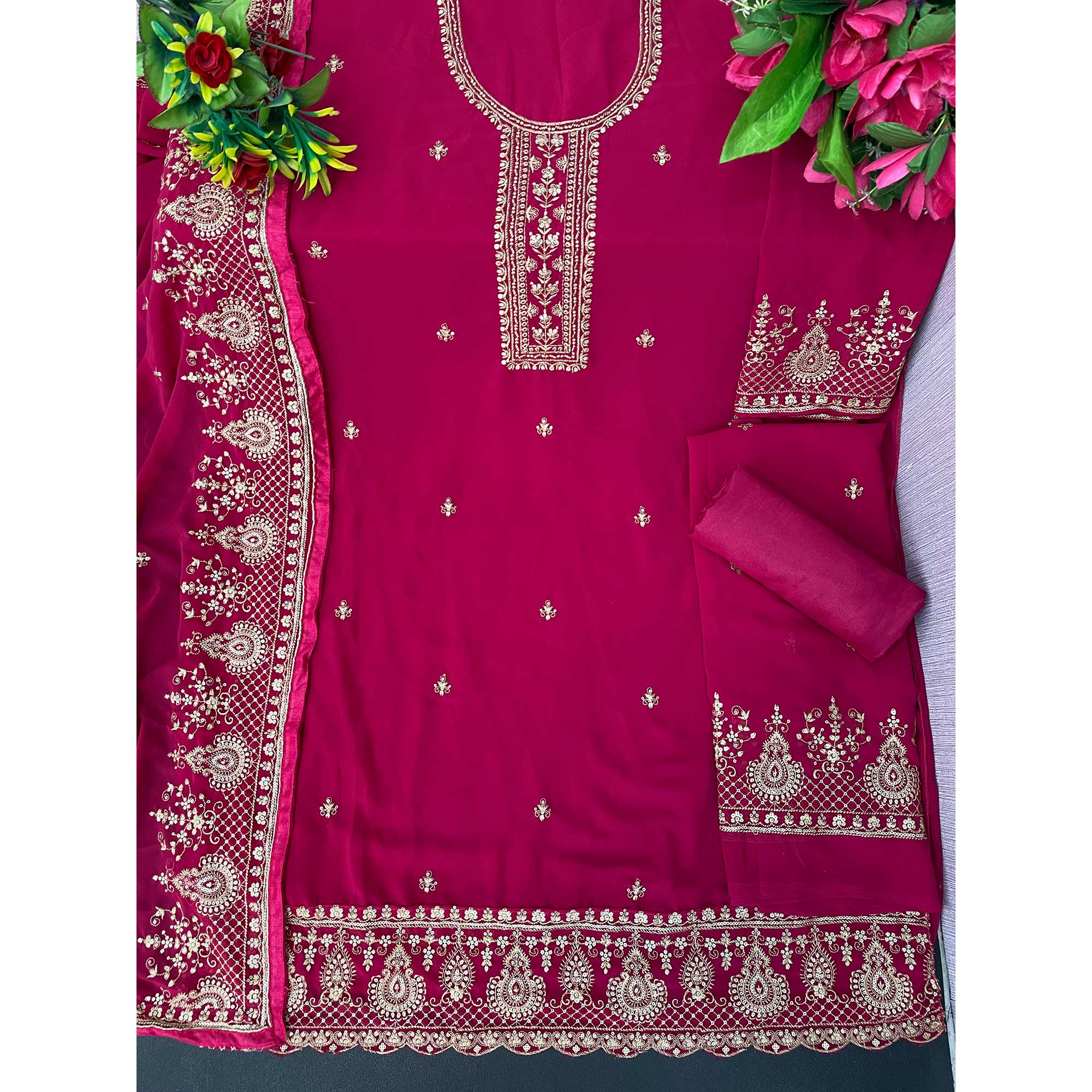 Pink Floral Embroidered Georgette Sharara Suit