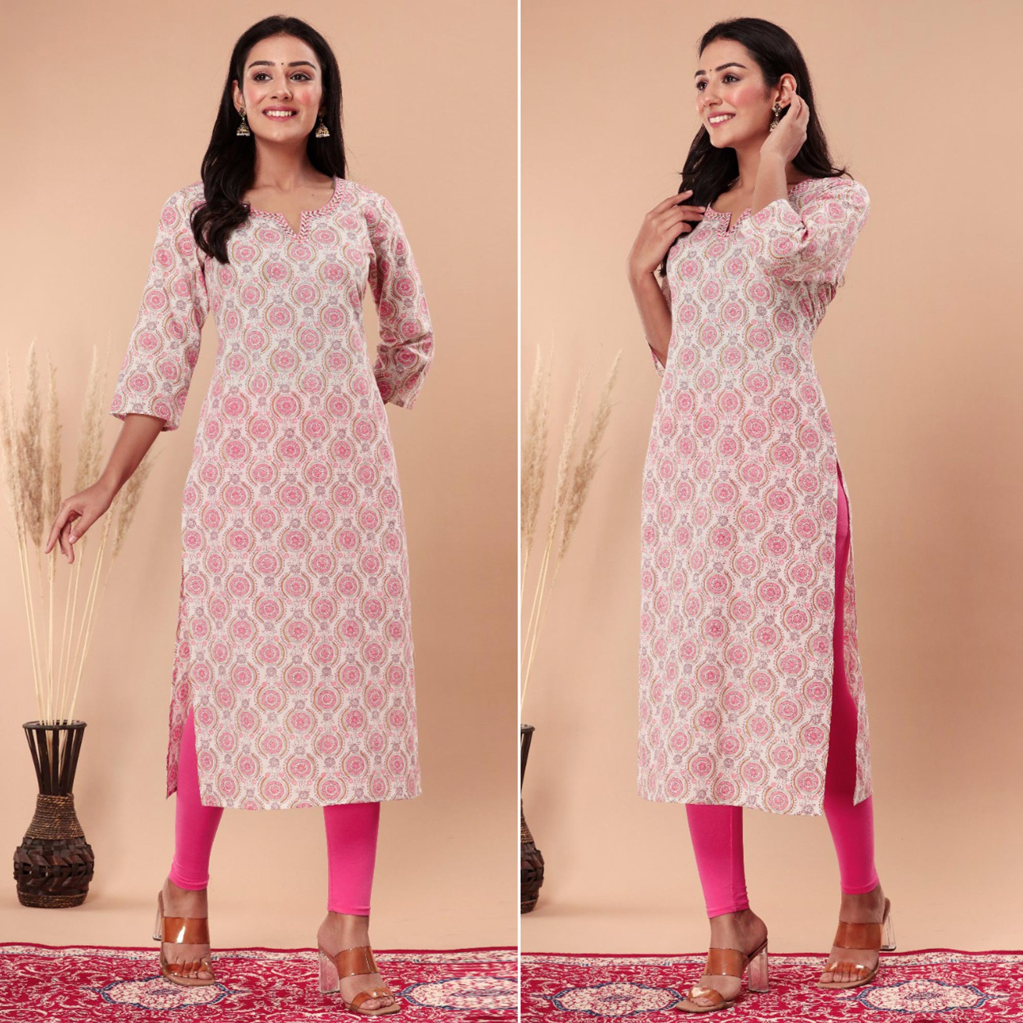 Pink Floral Printed Pure Cotton Kurti