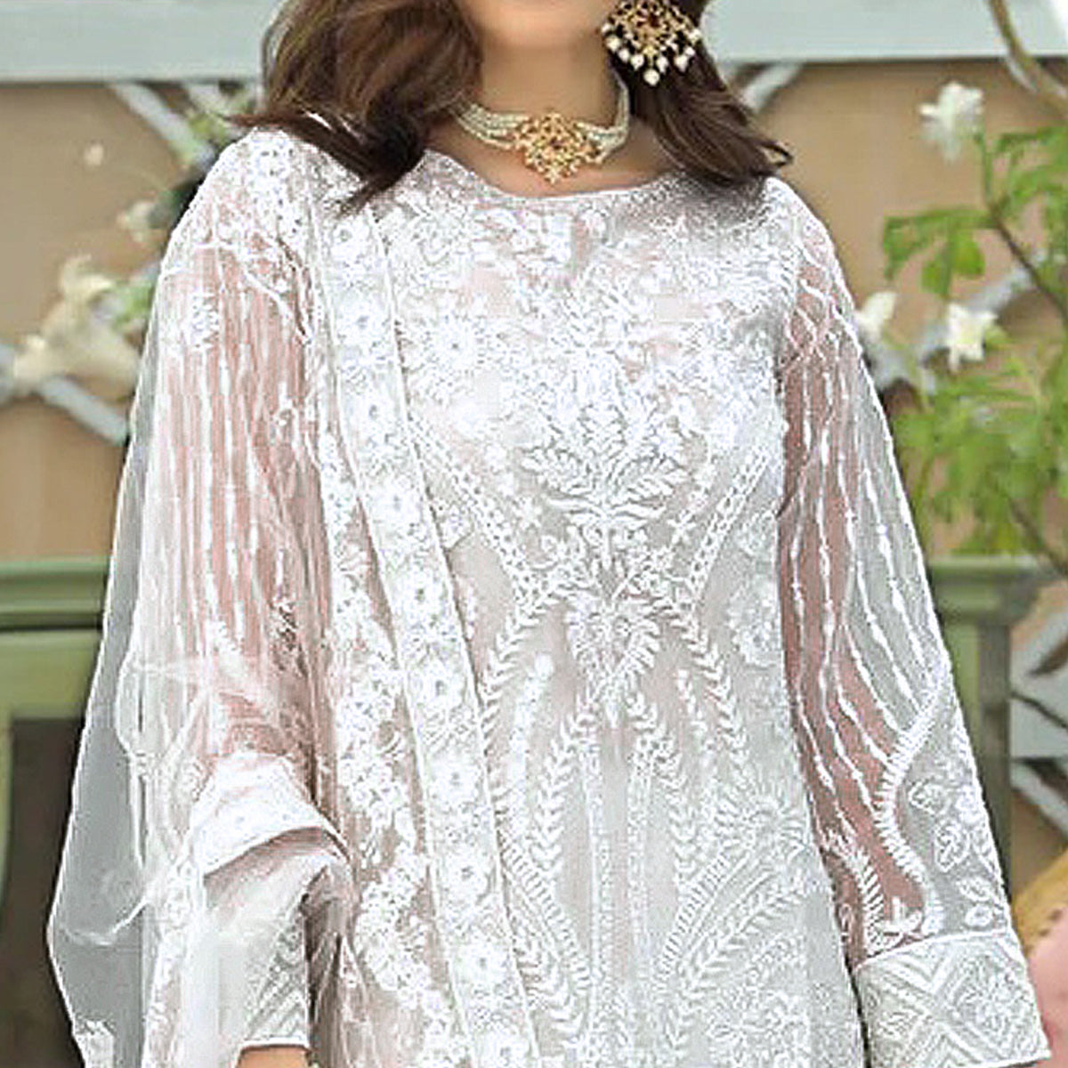 White Lucknowi Embroidered Georgette Pakistani Suit