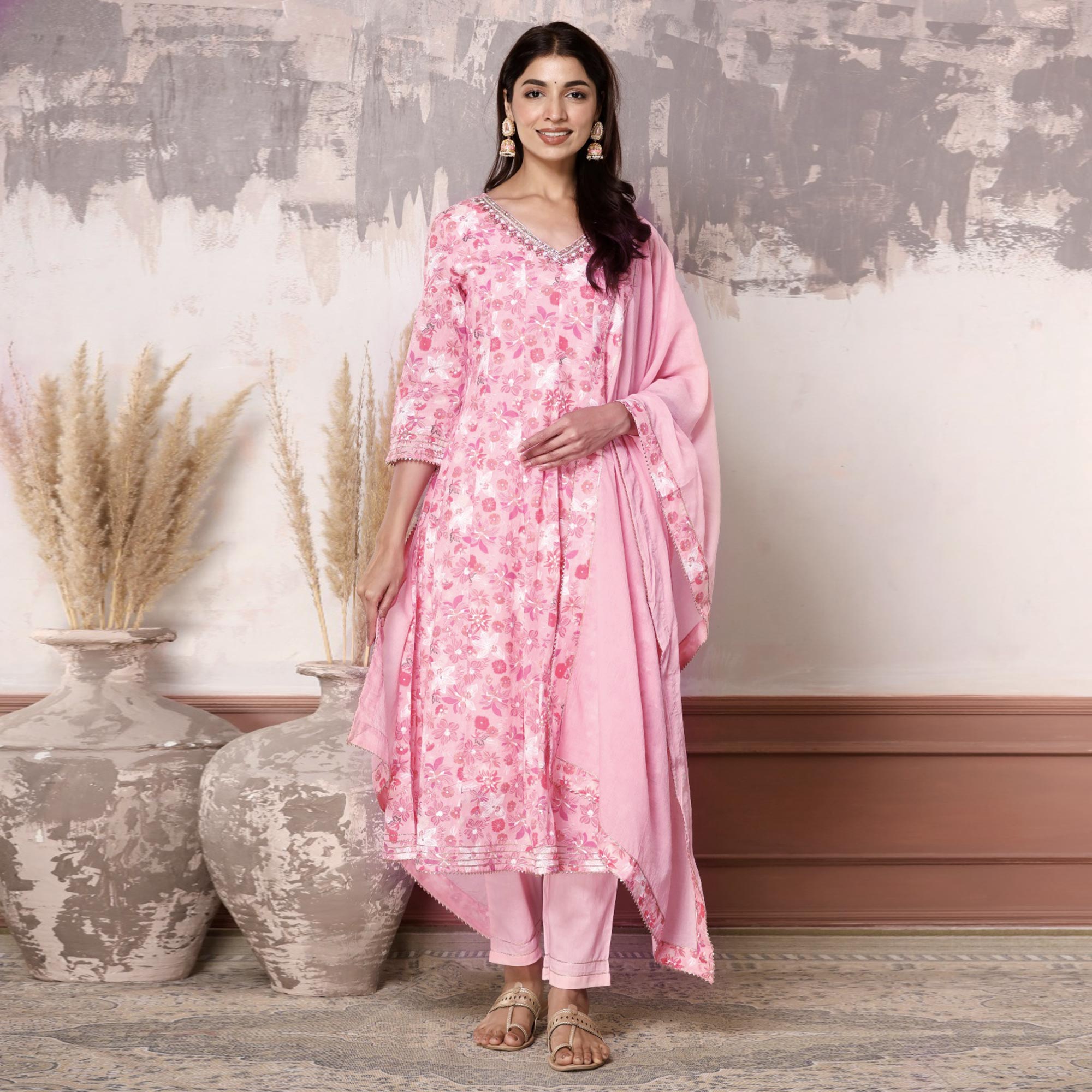 Peach Floral Printed Pure Cotton Anarkali Suit