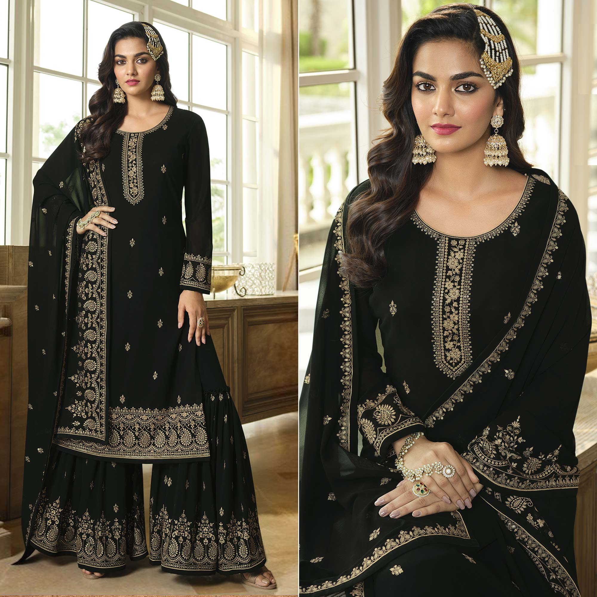 Black Floral Embroidered Georgette Sharara Suit