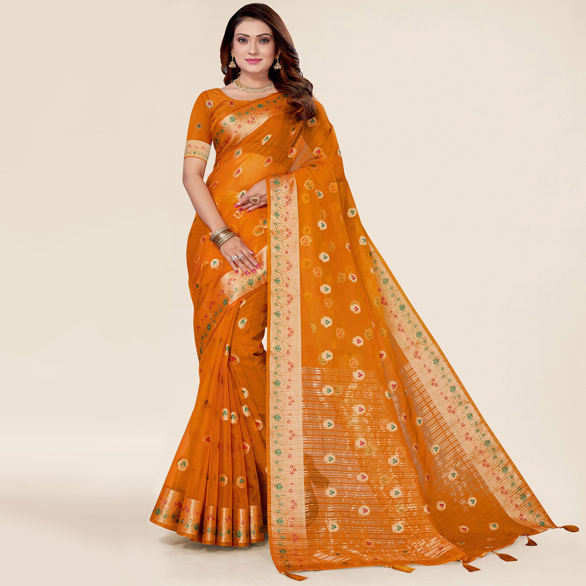Mustard Yellow Woven Organza Saree With Tassels