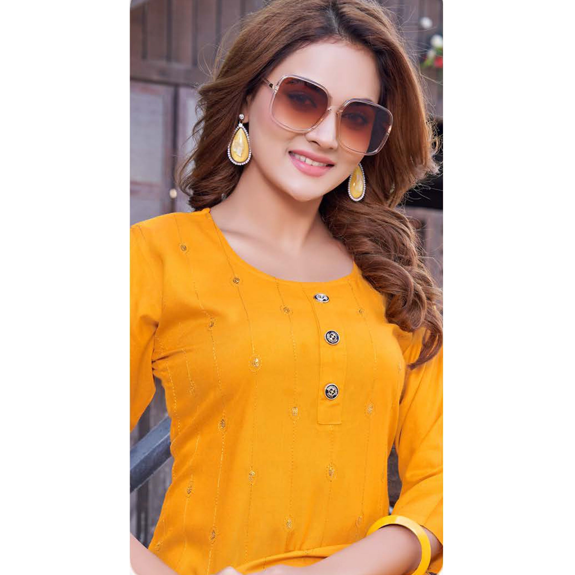 Yellow Sequins Embroidered Rayon Kurti