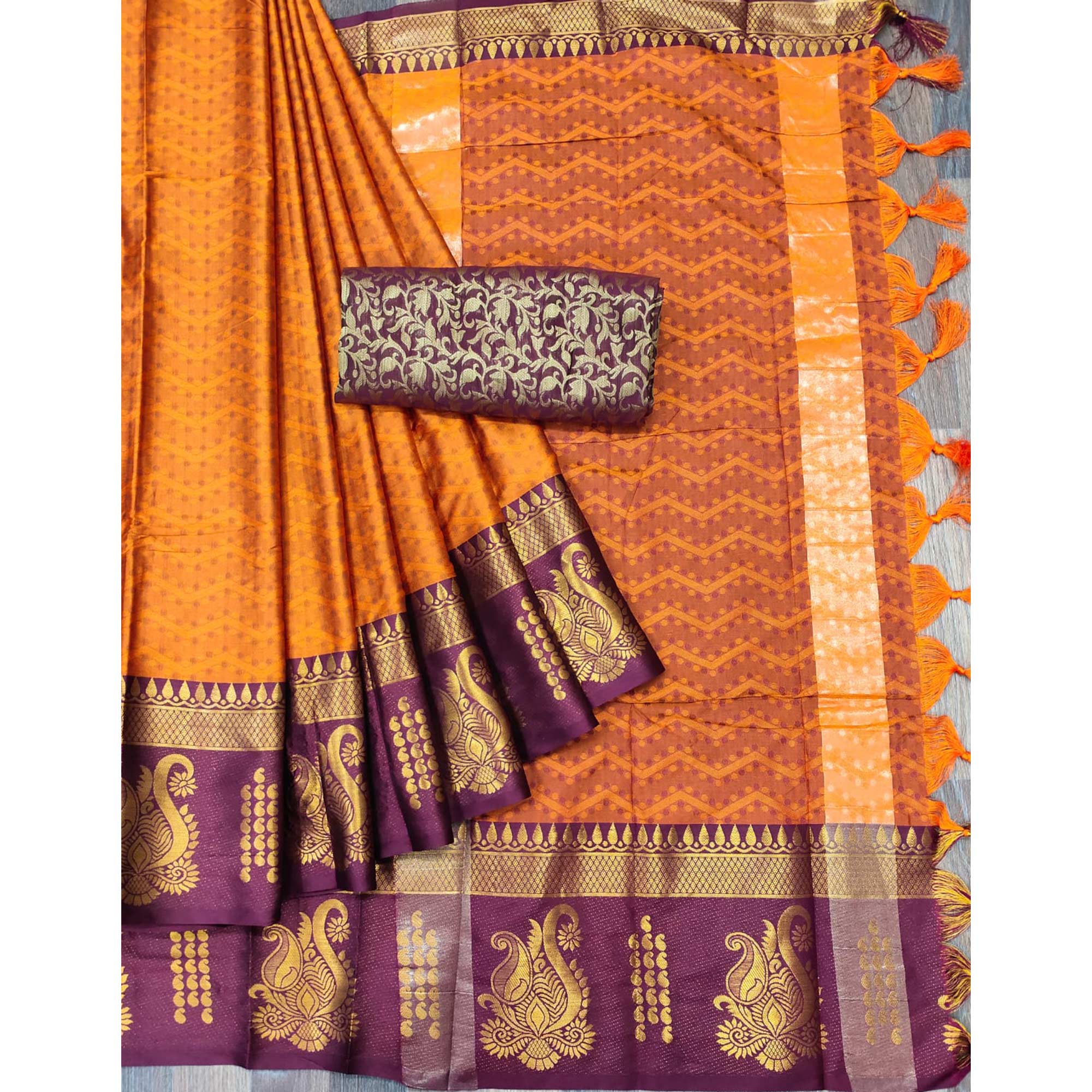 Orange Woven Cotton Silk Saree With Tassels