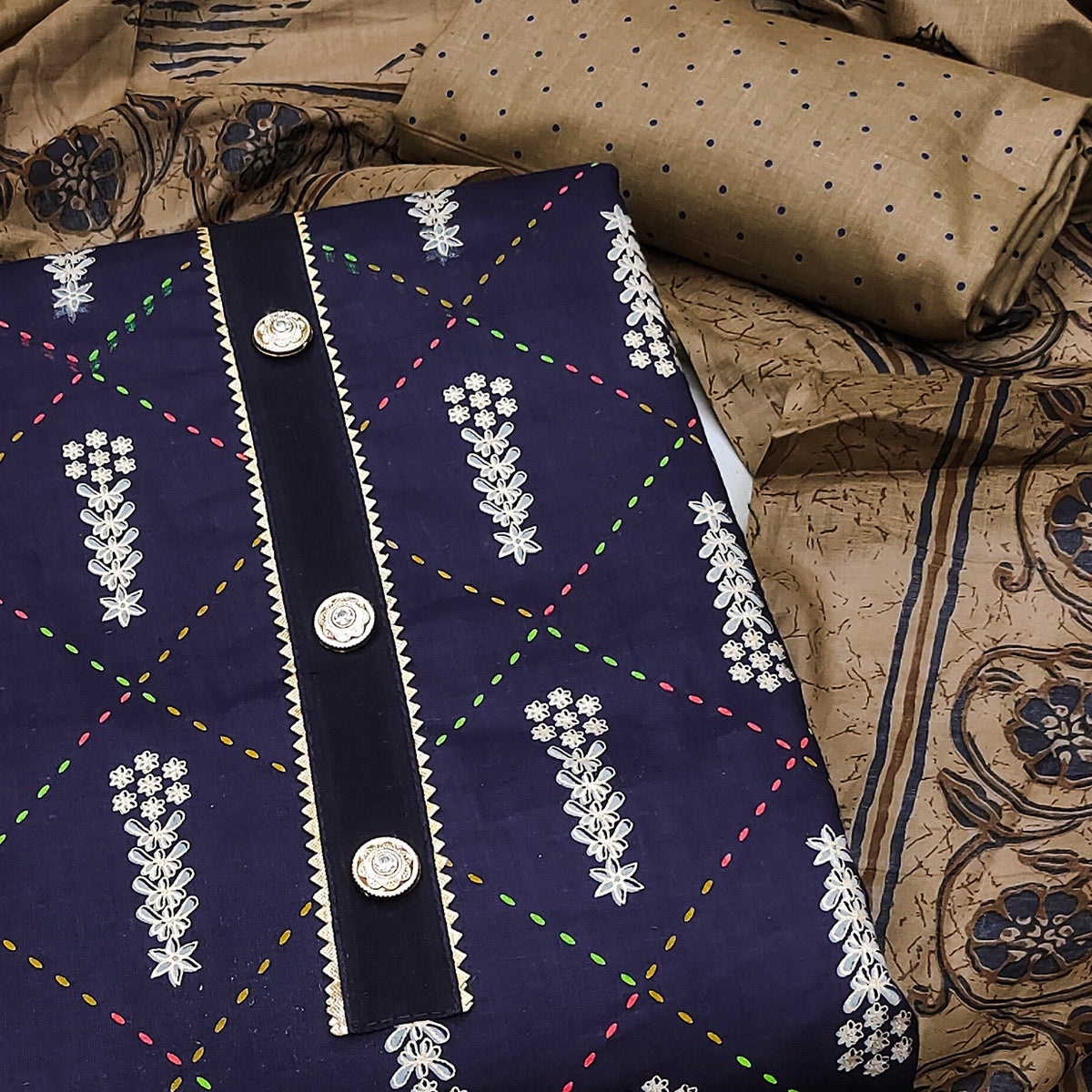 Navy Blue Printed Pure Cotton Dress Material