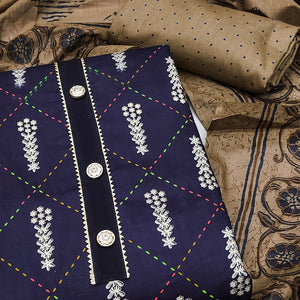 Navy Blue Printed Pure Cotton Dress Material