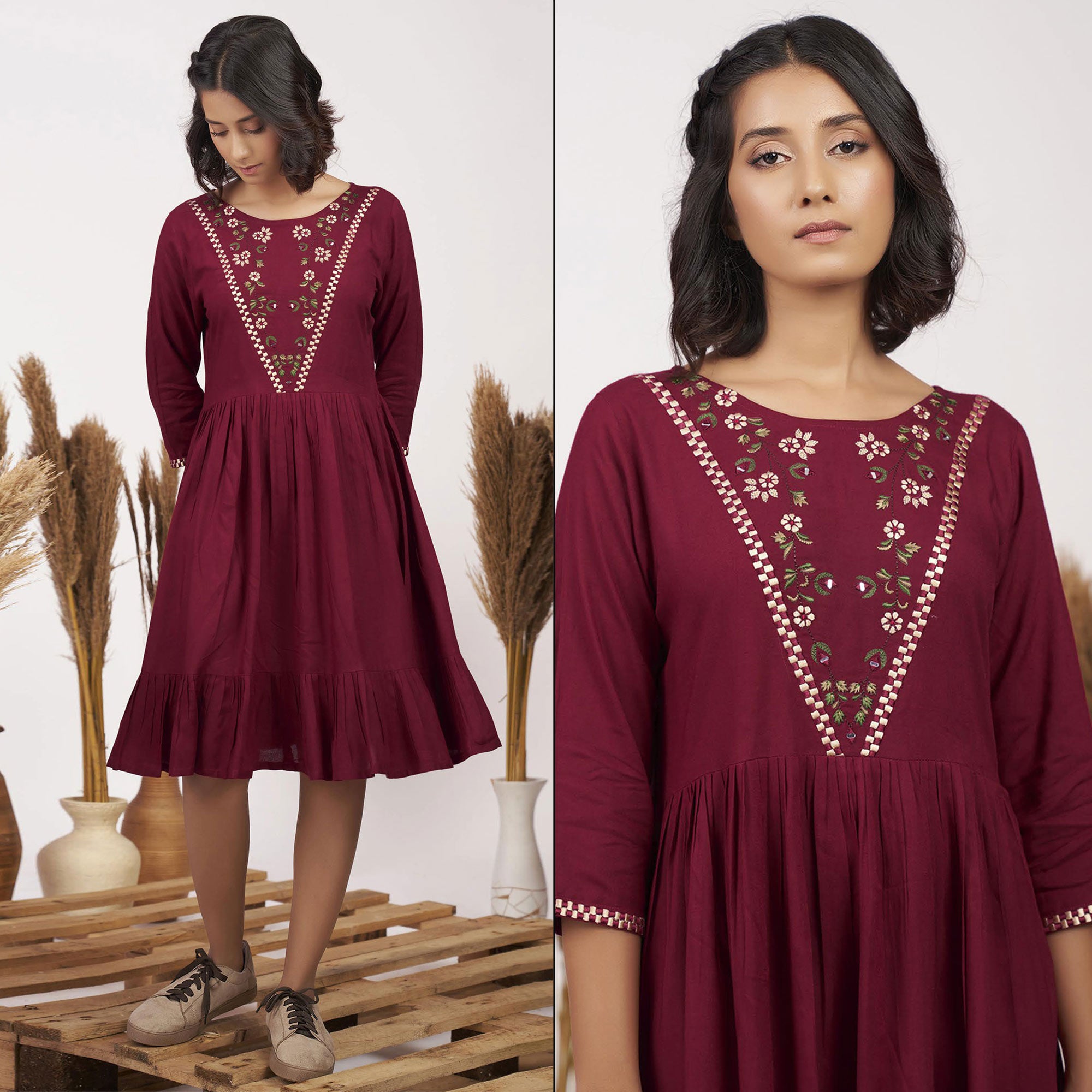 Maroon Floral Embroidered Rayon Short Dress
