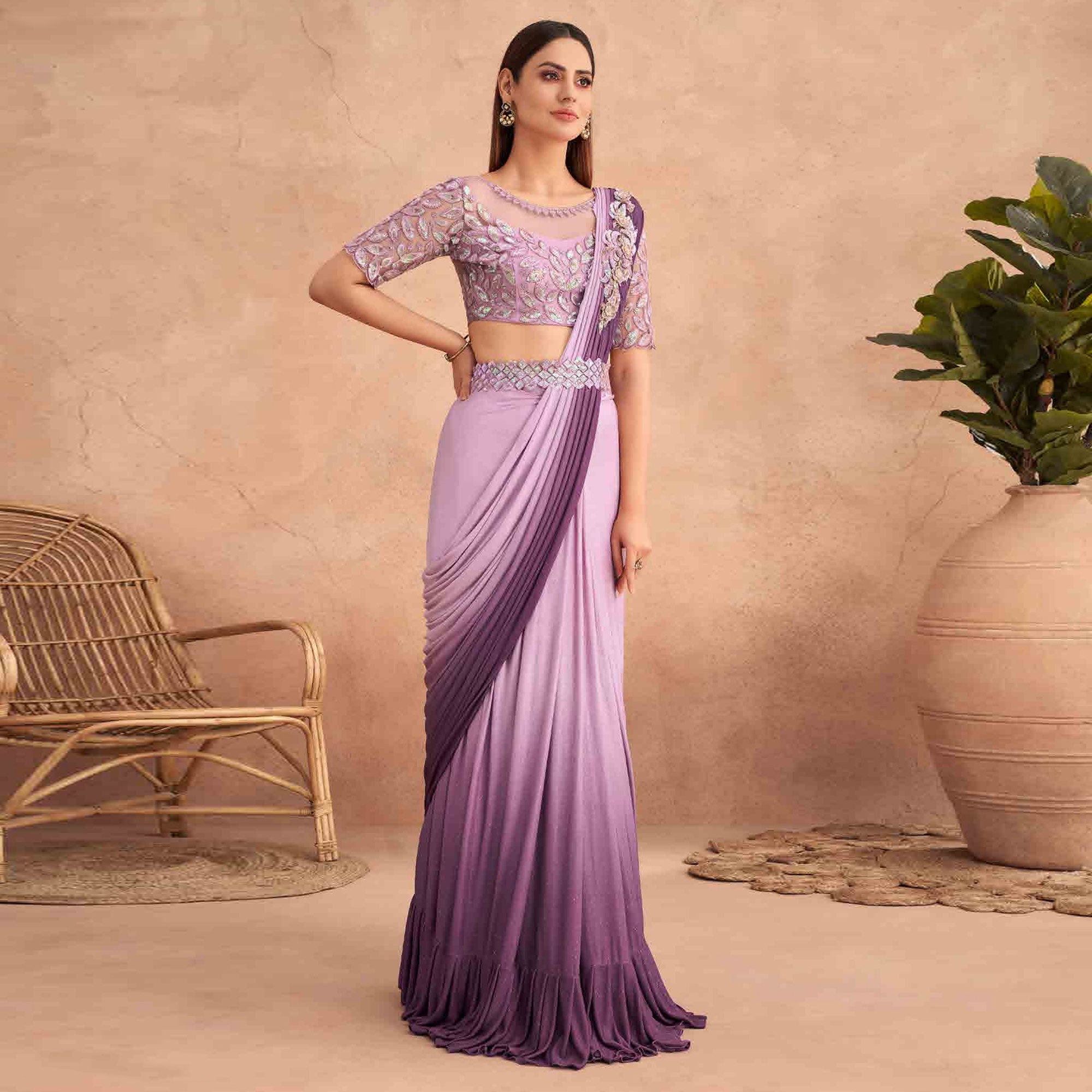 Lavender & Purple Sequins Embroidered Ready to Wear Lycra Saree