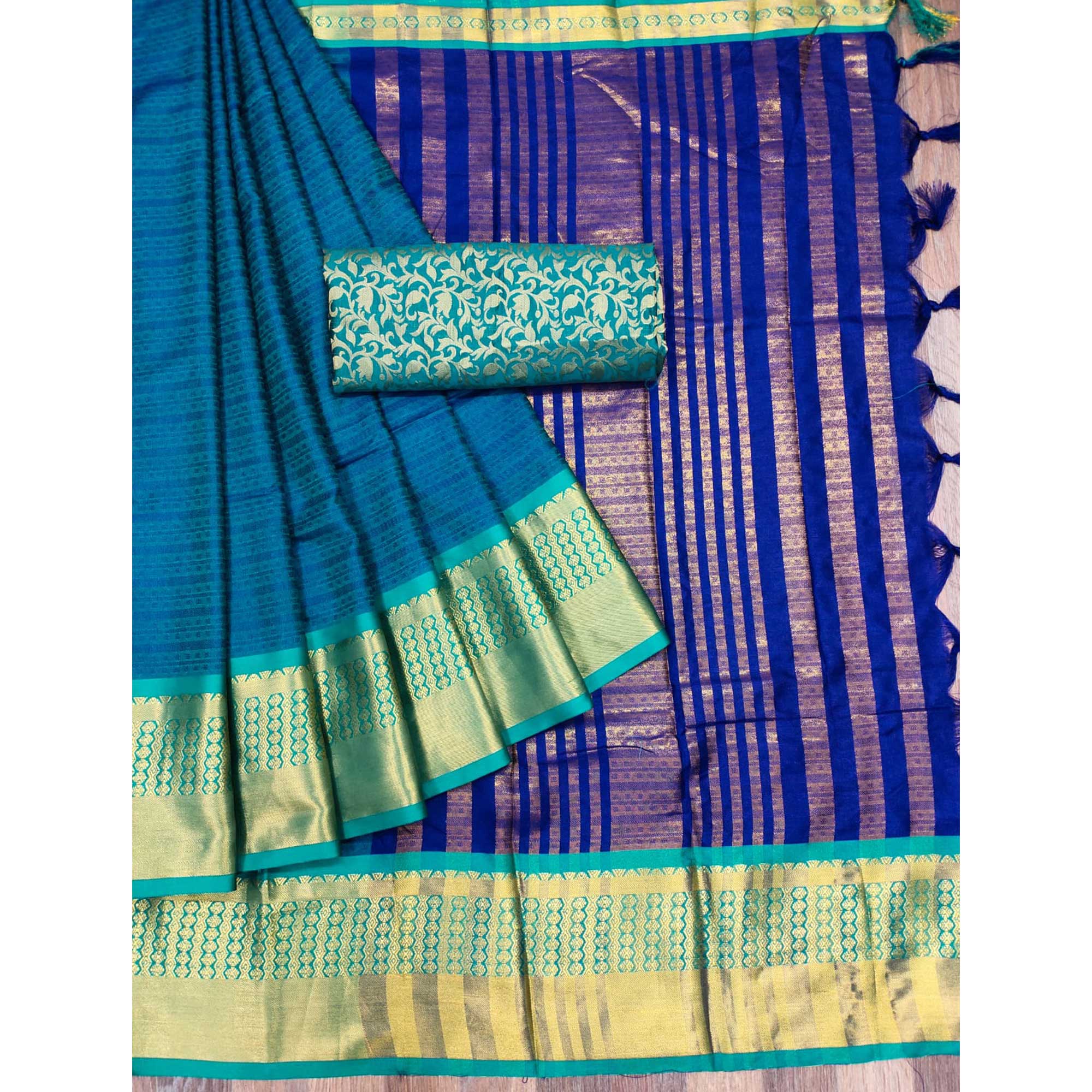 Ocean Blue Woven Cotton Silk Saree
