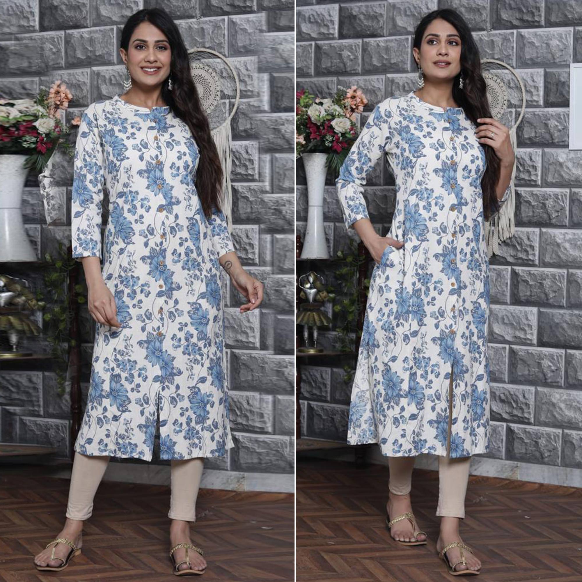 White Blue Floral Printed Cotton Kurti