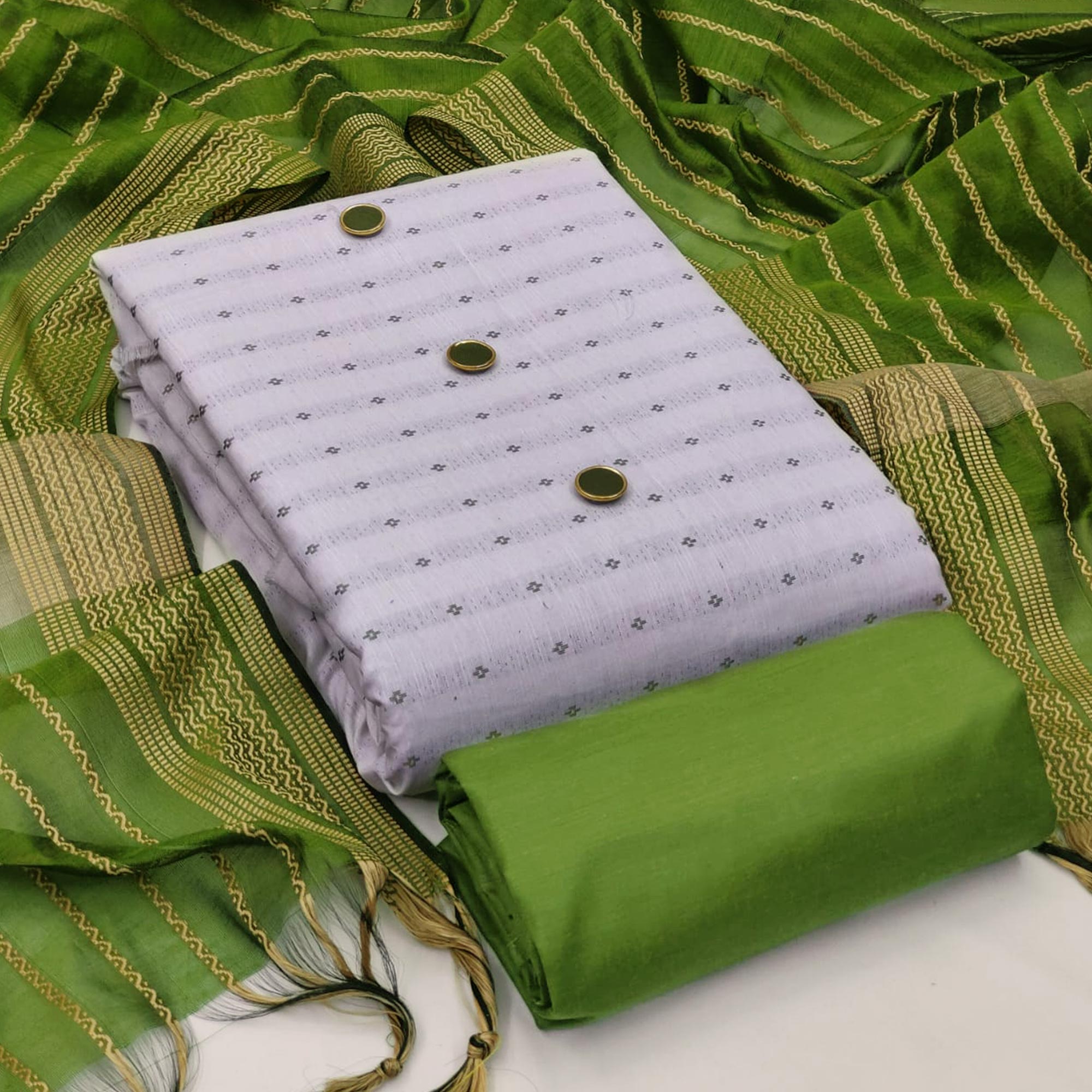 White-Green Woven Cotton Blend Dress Material
