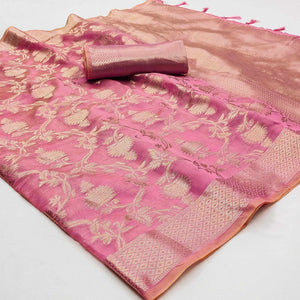 Pink Floral Woven Organza Saree