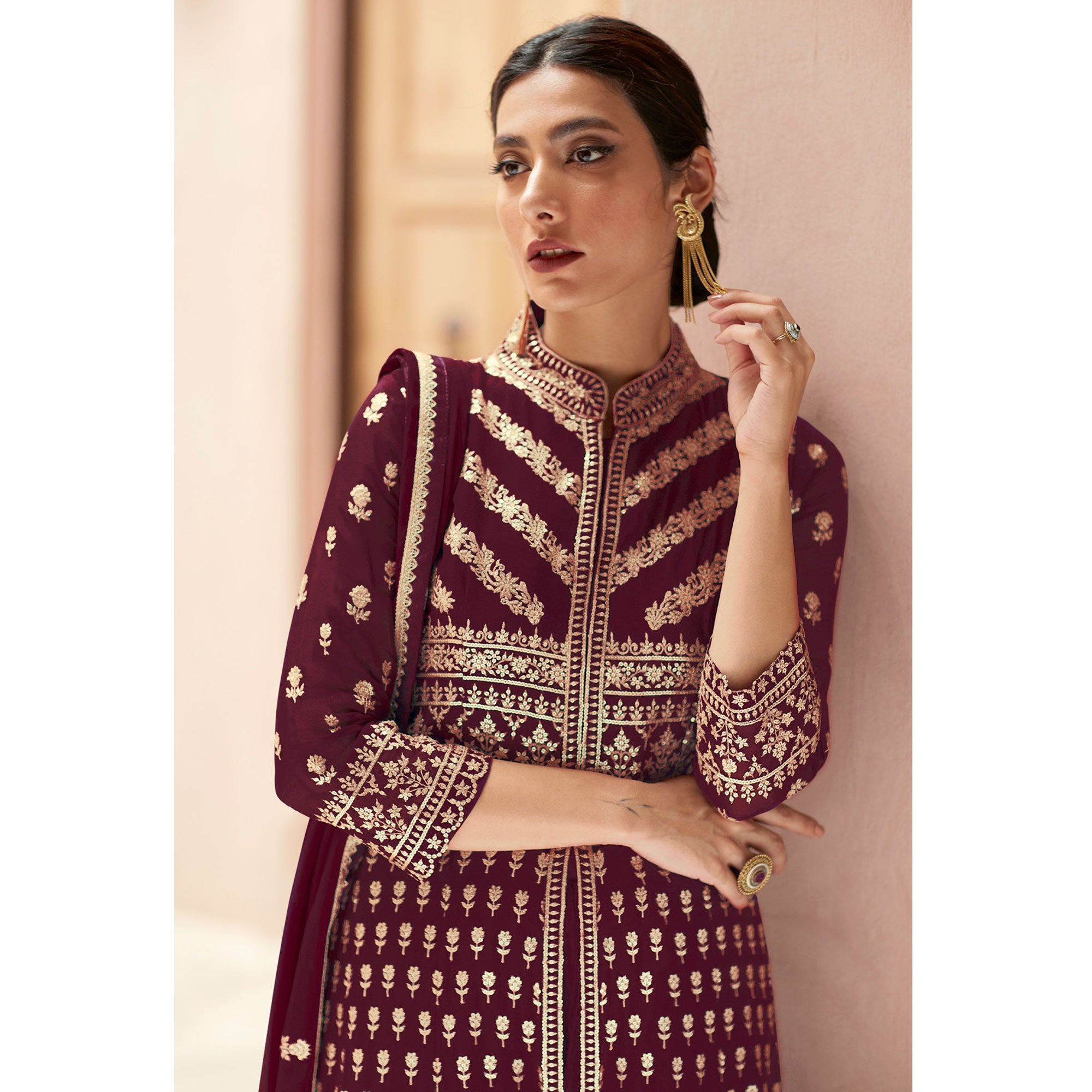 Maroon Floral Embroidered Georgette Palazzo Suit