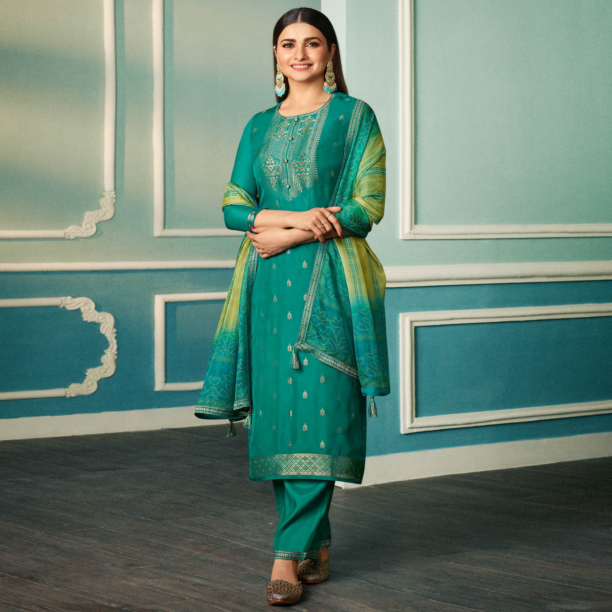 Rama Green Floral Woven Organza Salwar Suit