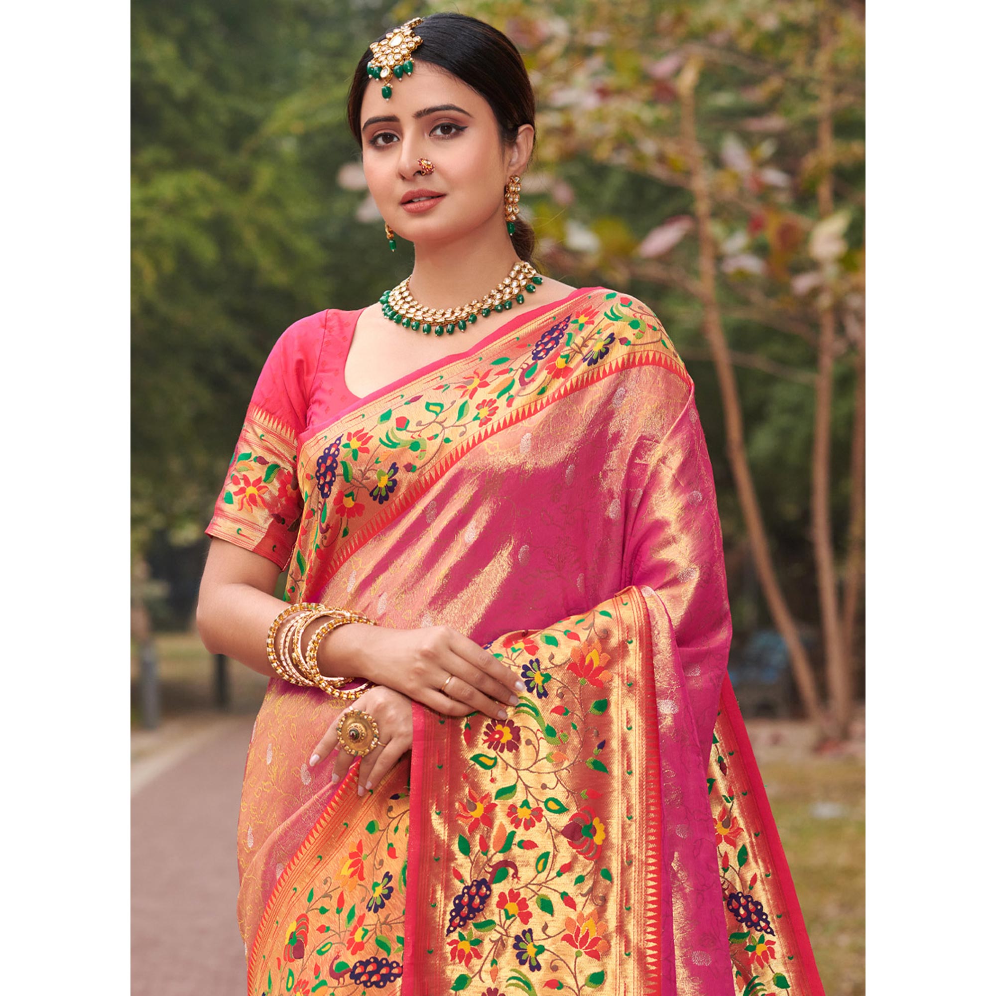 Pink Woven Art Silk Paithani Saree With Tassels