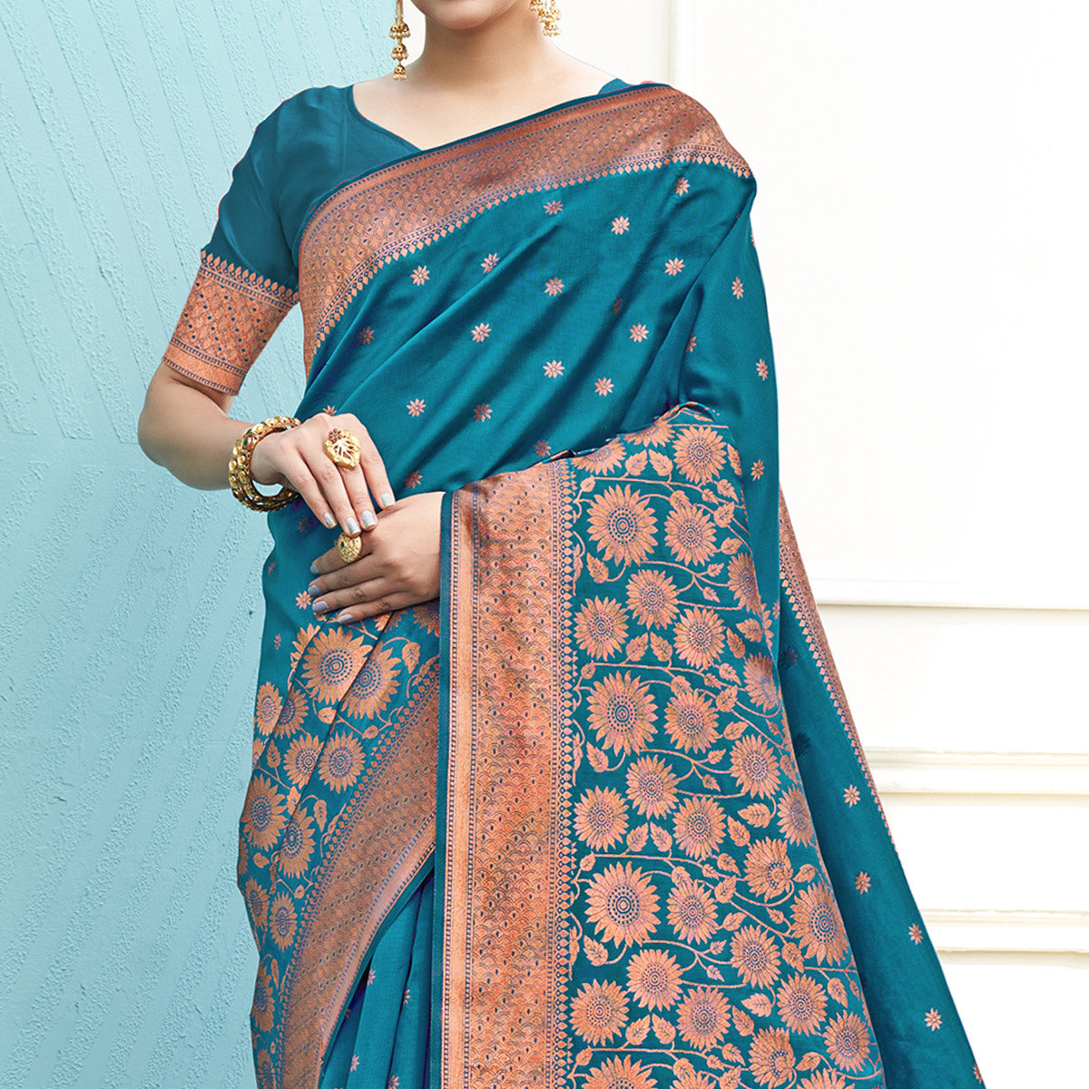 Blue Floral Woven Art Silk Saree