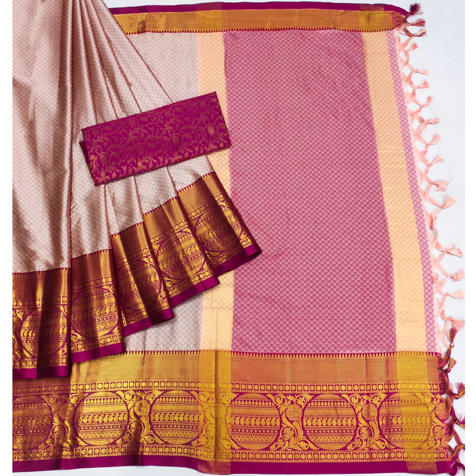 Baby Pink Woven Cotton Silk Saree With Tassels