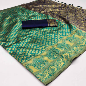 Rama Green Woven Banarasi Silk Saree With Tassels