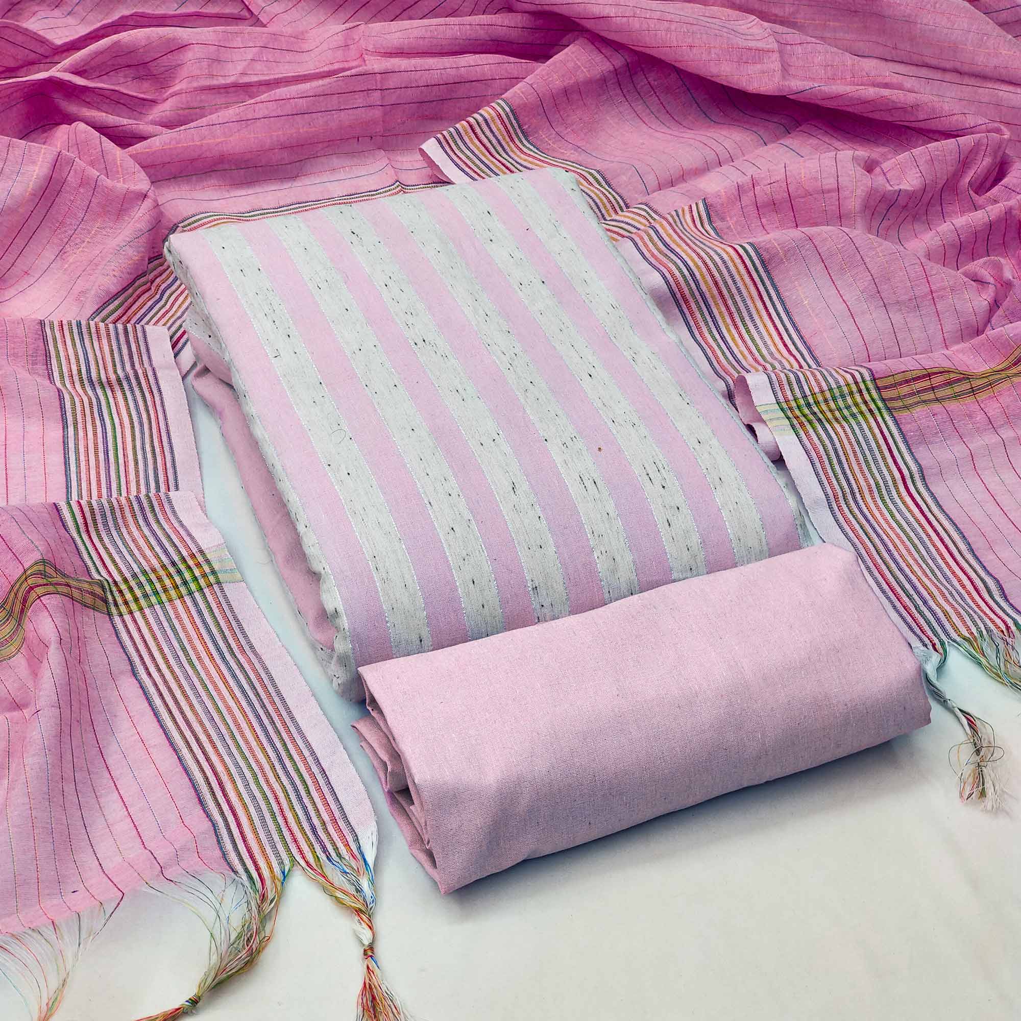 Pink Striped Printed With Woven Cotton Blend Dress Material