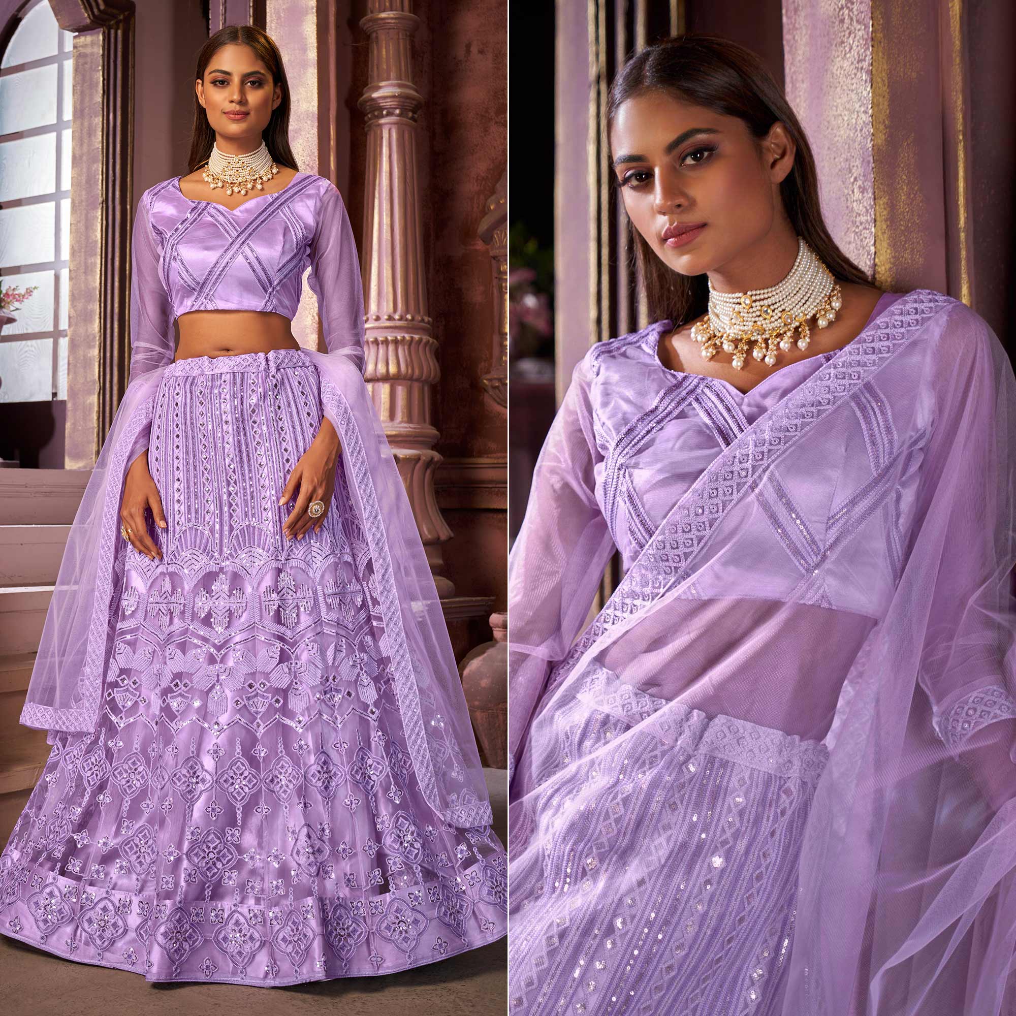 Violet Sequins Embroidered Netted Lehenga Choli