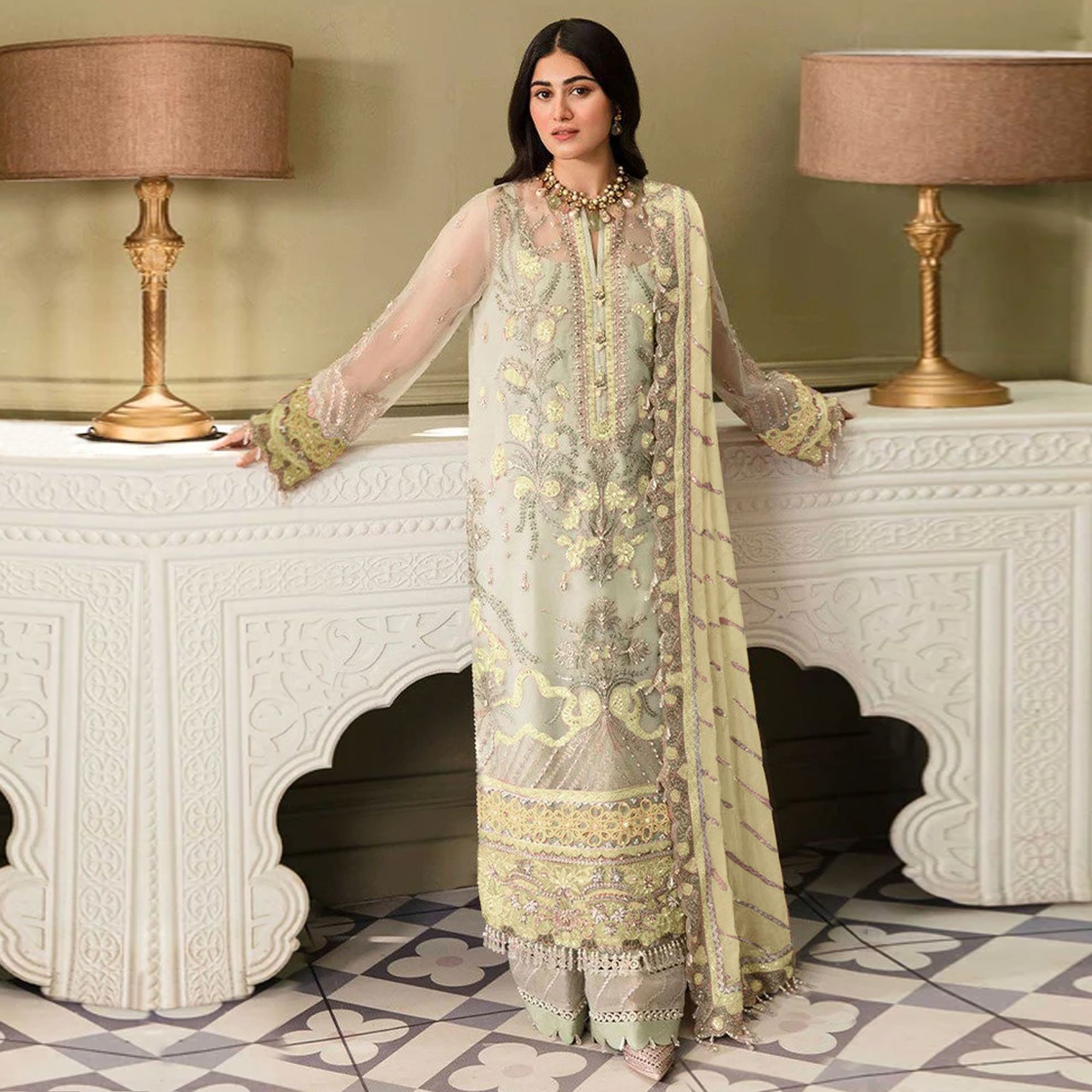 Pista Green And Yellow Heavy Embroidered Georgette Pakistani Suit