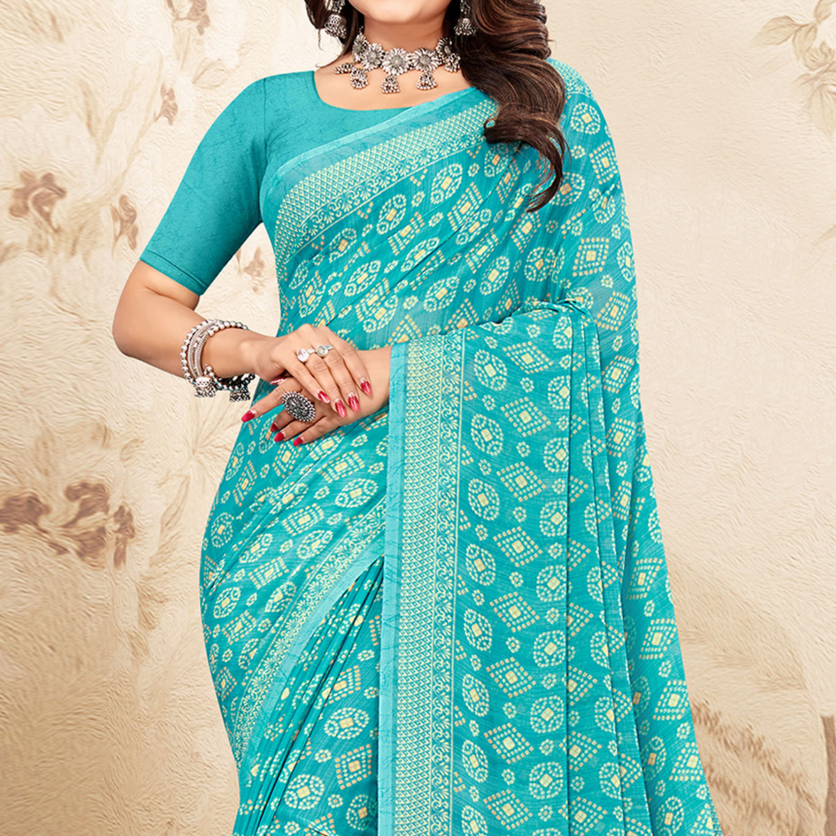 Blue Bandhani Printed Chiffon Saree