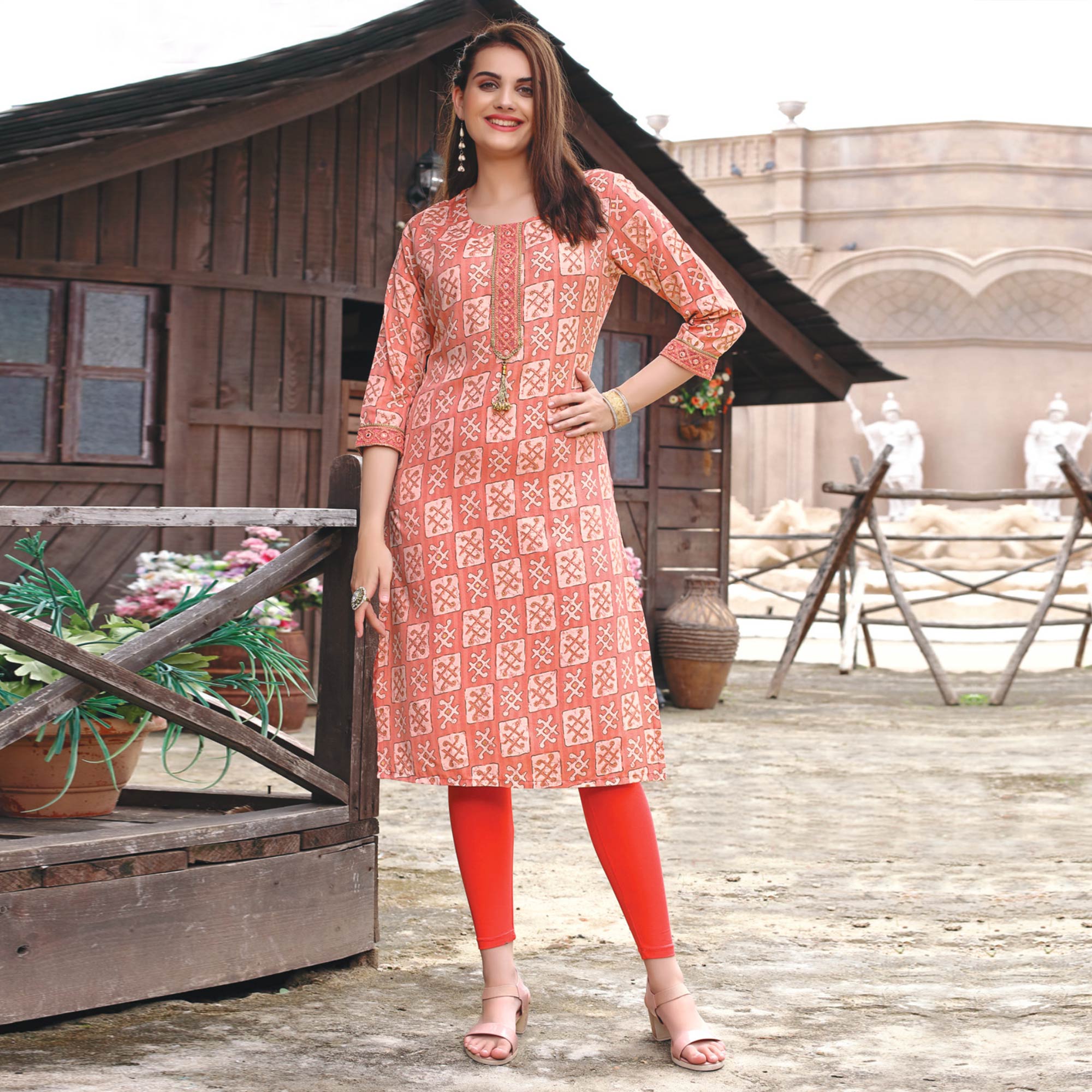 Light Peach Printed Muslin Kurti