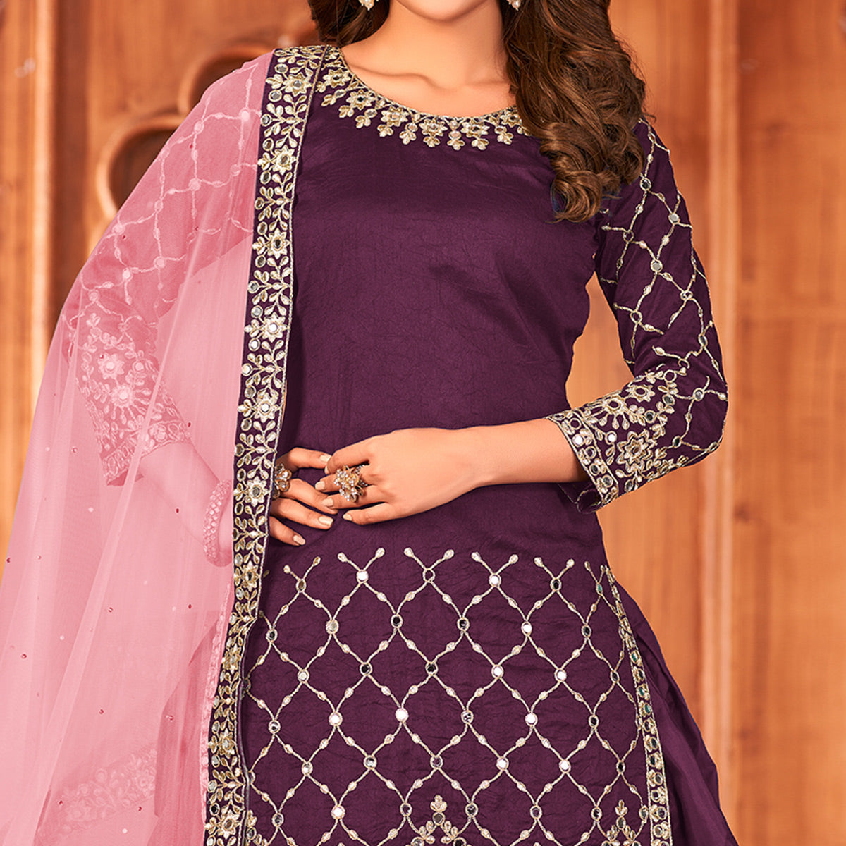 Purple Embroidered Art Silk Patiala Suit