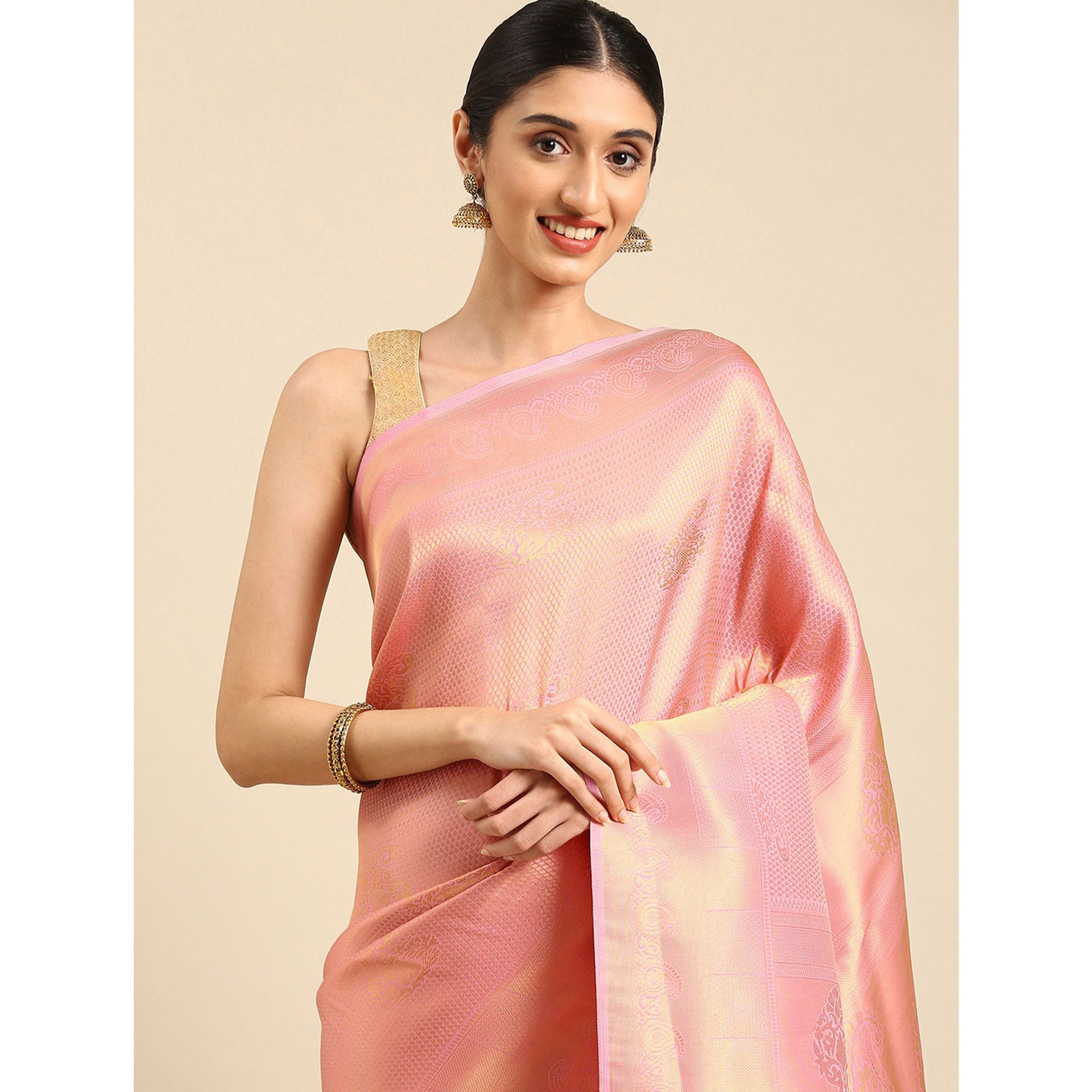 Peach Woven Kanjivaram Silk Saree WithTassels