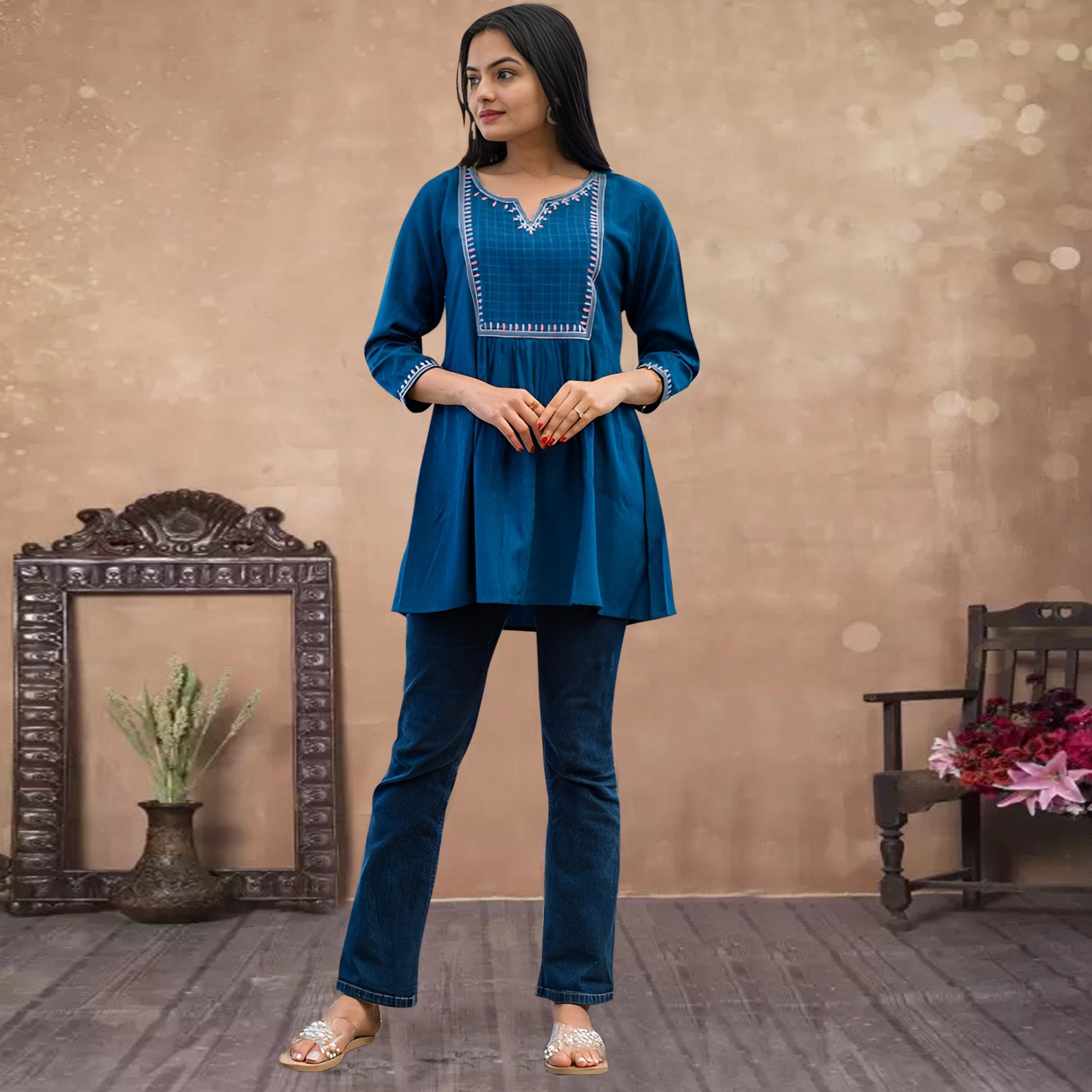 Blue Embroidered Rayon Top