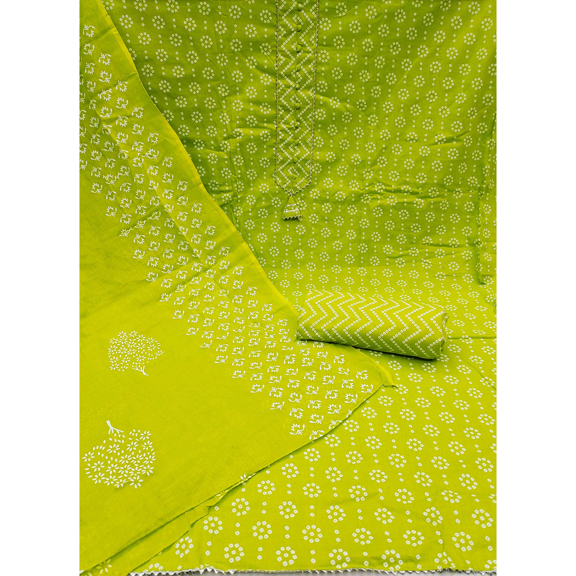 Green Bandhani Printed Pure Cotton Dress Material