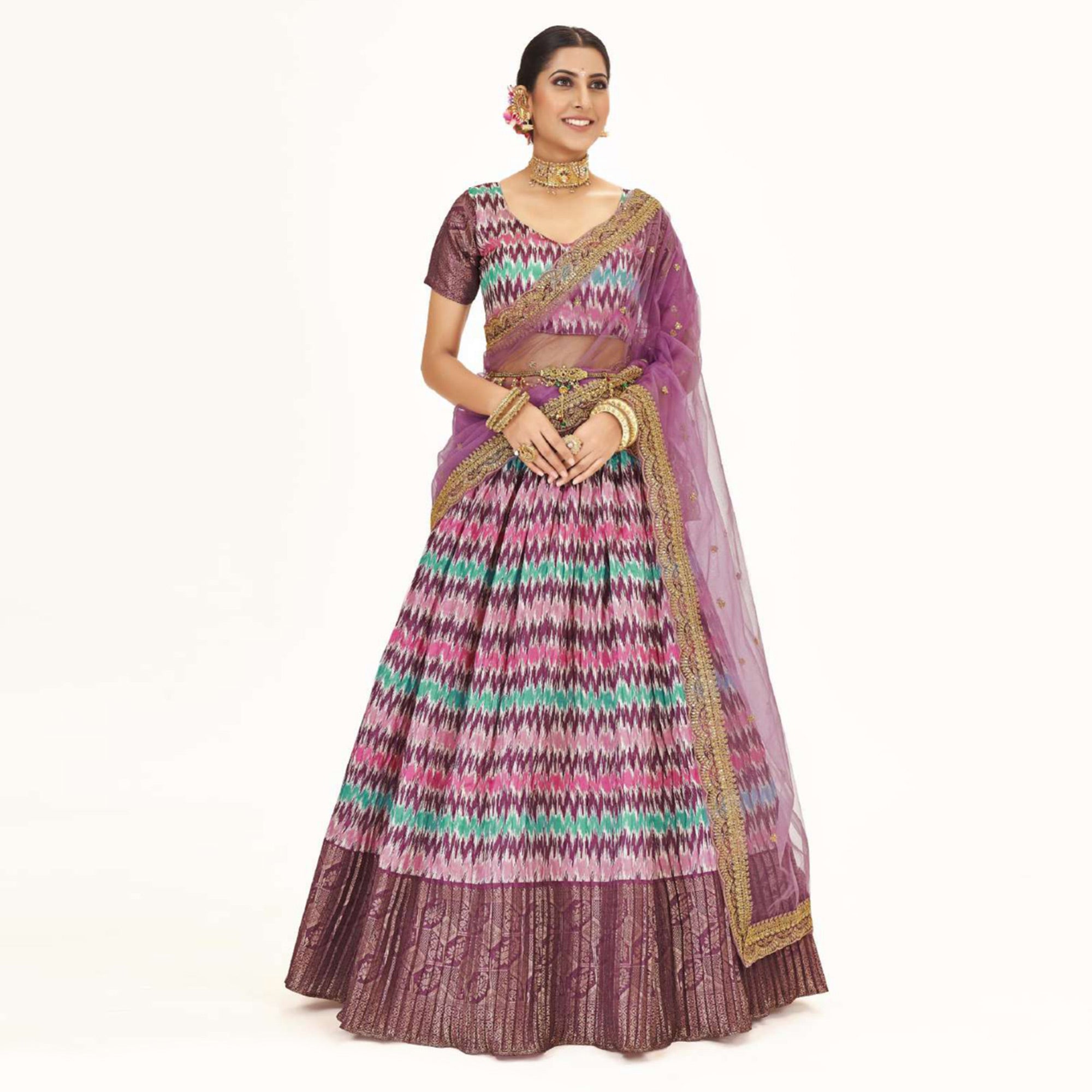 Multicolor Digital Printed With Zari Work Art Silk Lehenga Choli