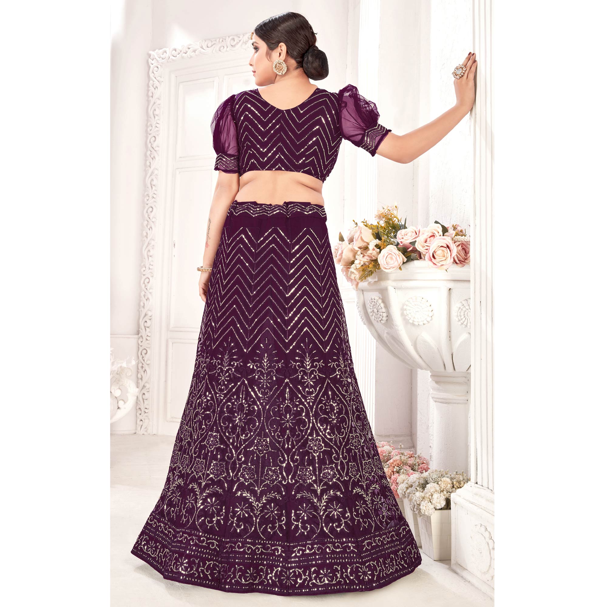 Wine Sequins Embroidered Netted Lehenga Choli