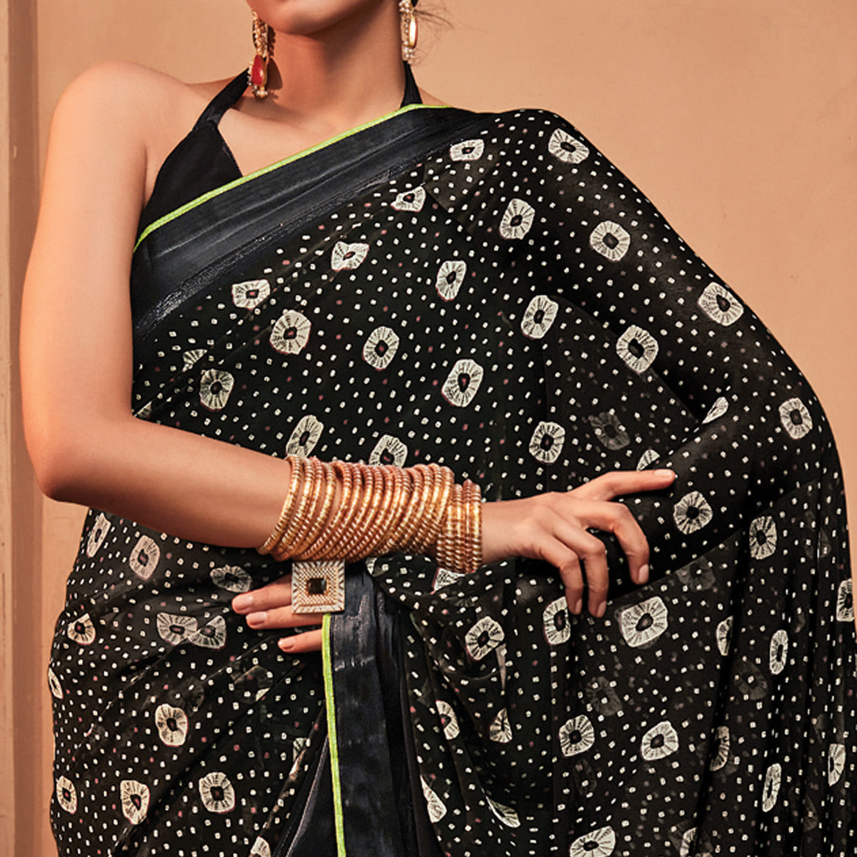 Black Printed Georgette Saree With Tassels