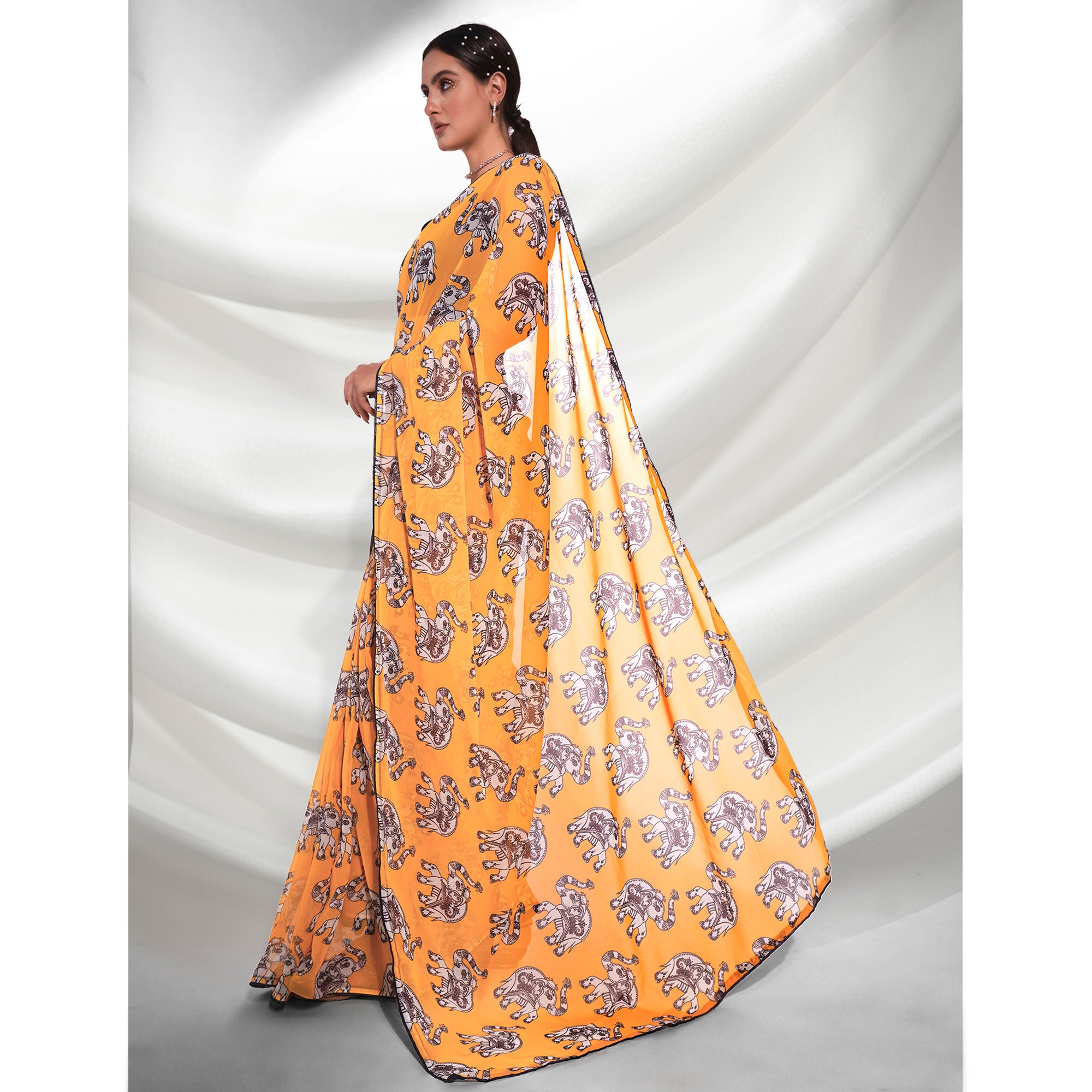 Yellow Printed Georgette Saree