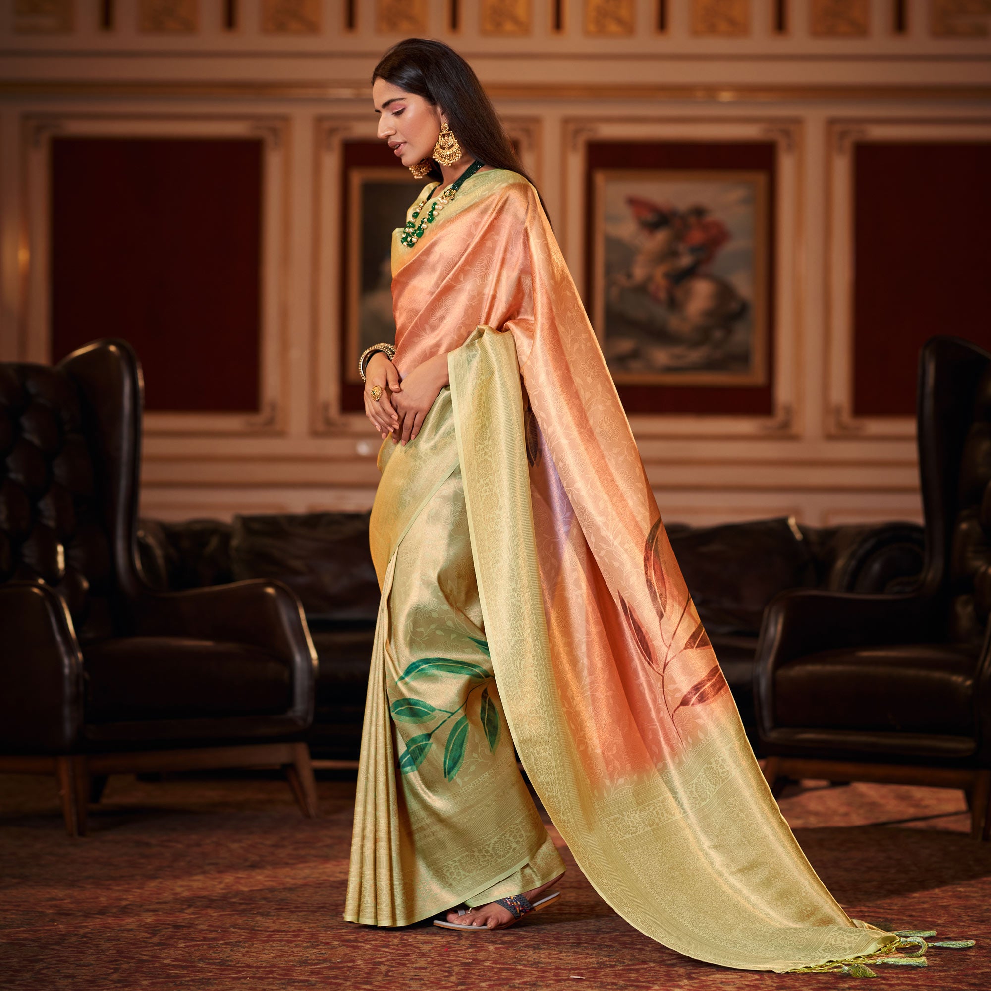 Peach & Pista Green Woven Jacquard Saree With Tassels