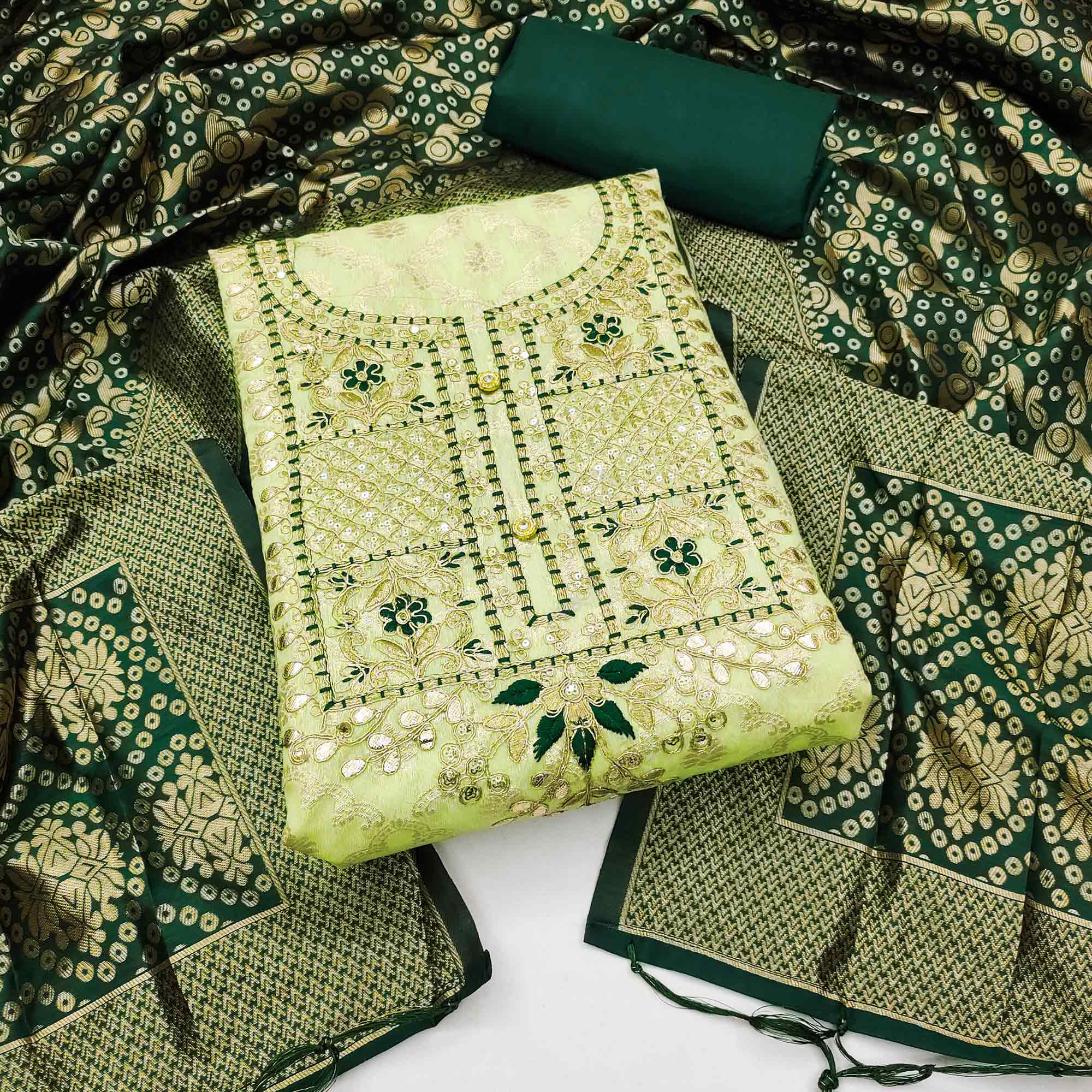 Green Woven With Embroidered Chanderi Dress Material