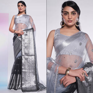 Black & Grey Sequins Embroidered Organza Saree