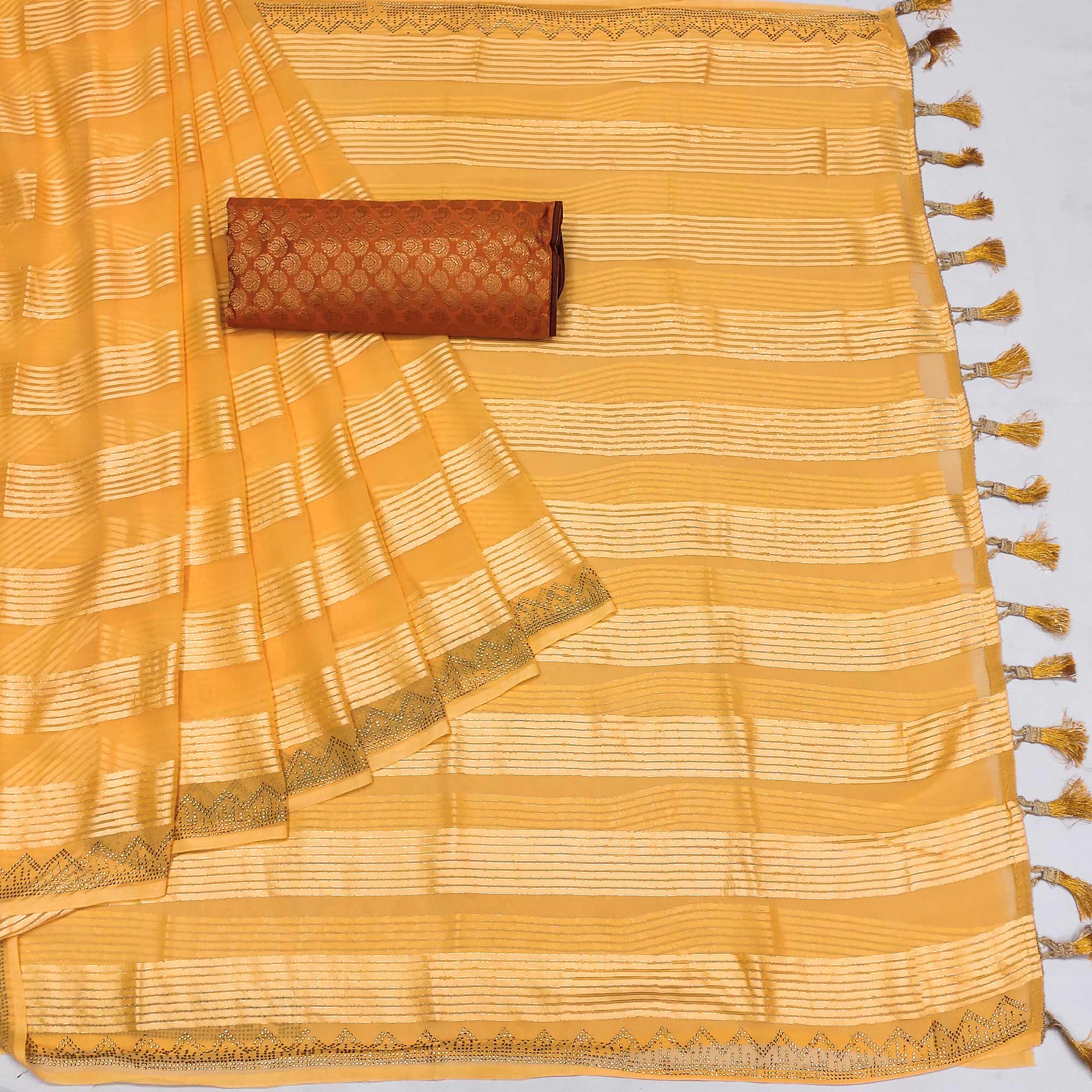 Yellow Striped With Stone Work Georgette Saree
