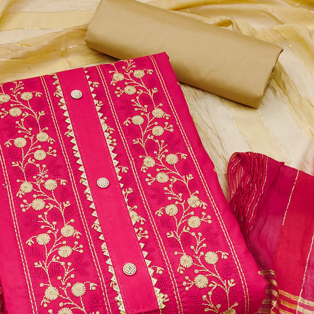 Pink Floral Embroidered Cotton Blend Dress Material