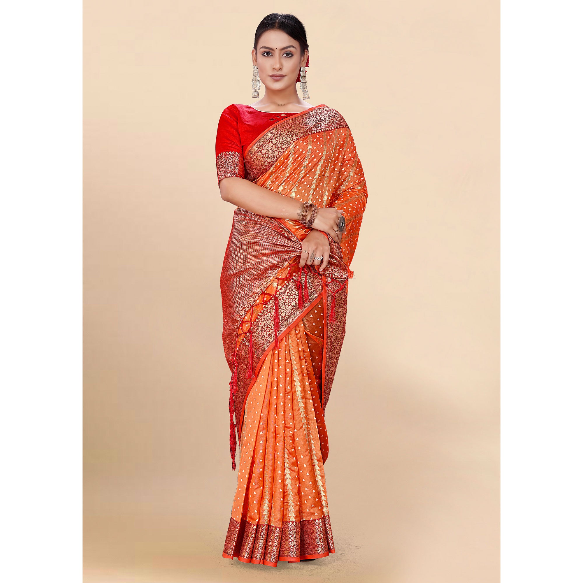 Orange Woven Organza Saree With Tassels