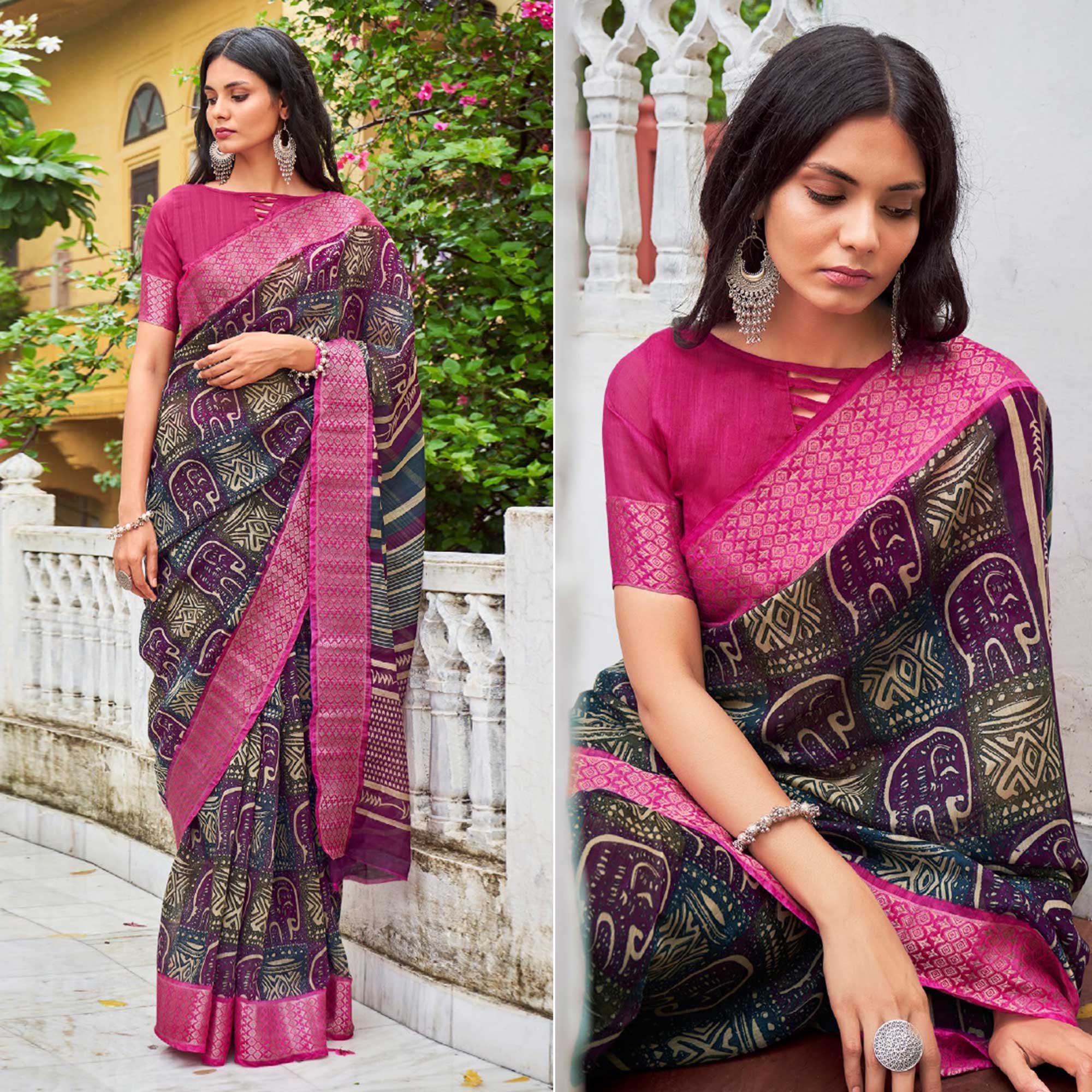 Multicolored Printed With Woven Border Raw Silk Saree