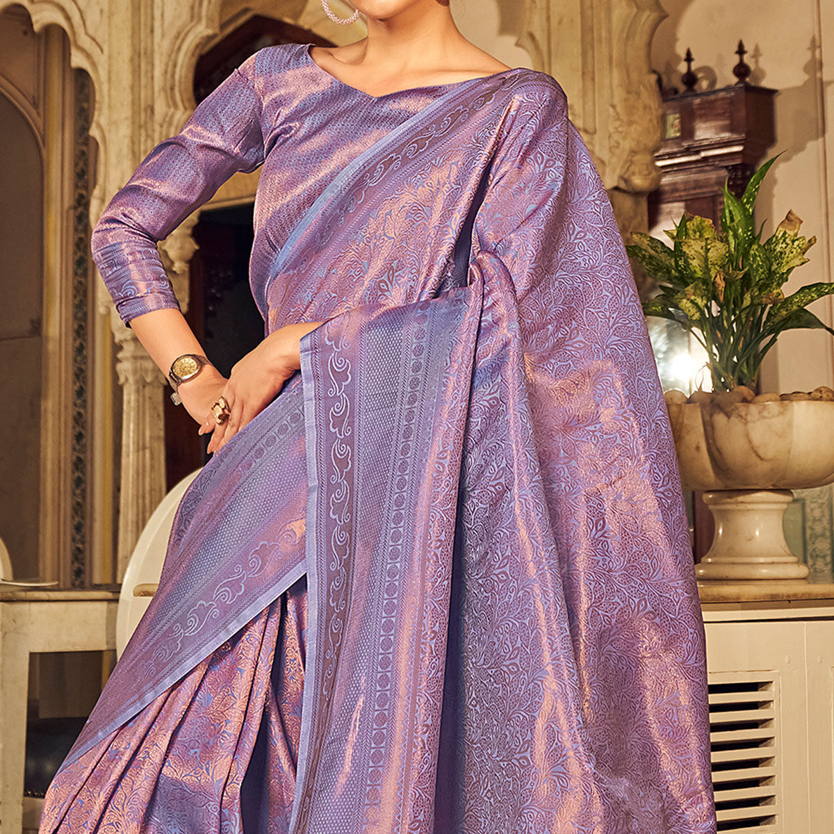 Violet Woven Kanjivaran Satin Saree