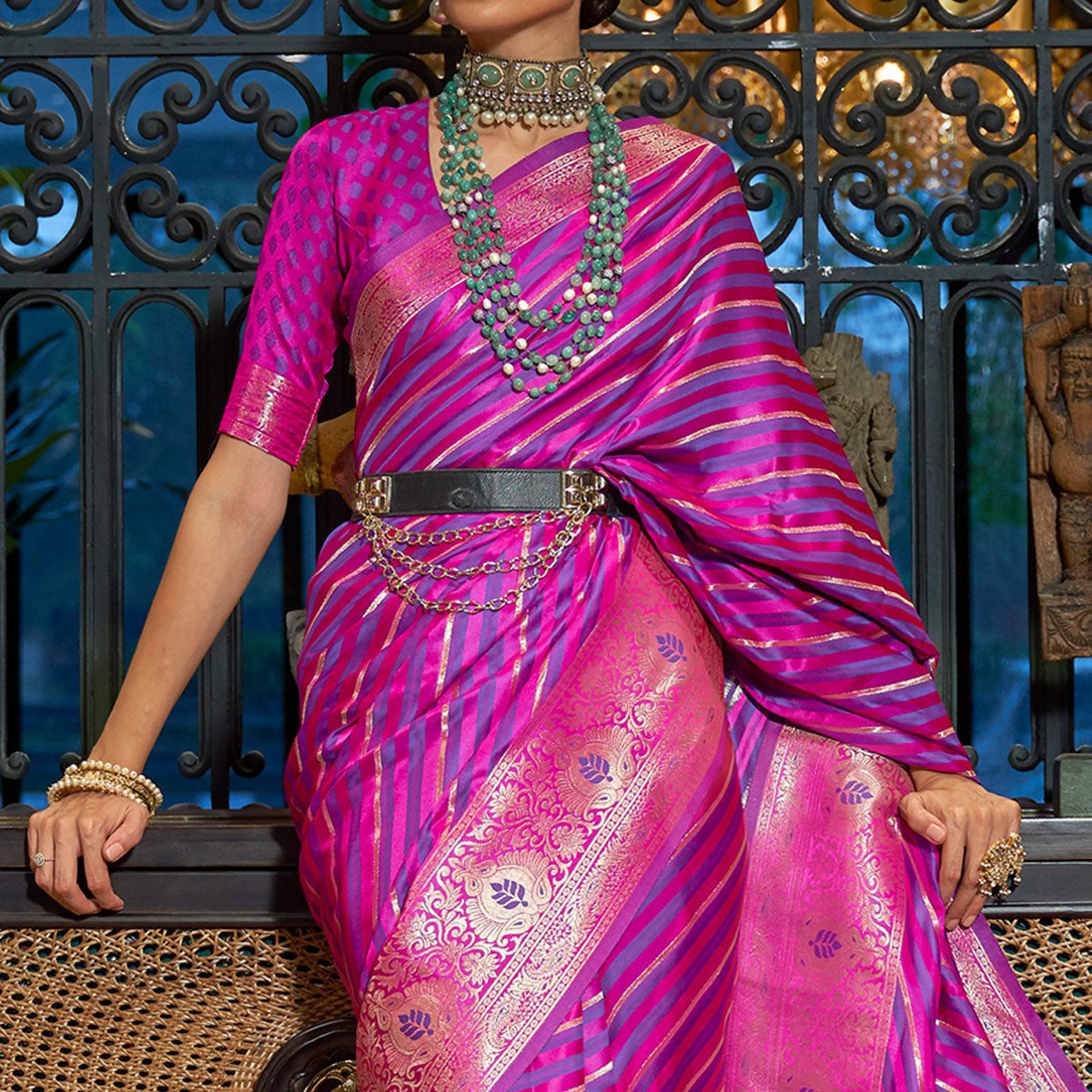 Magenta Pink Woven Satin Saree With Tassels