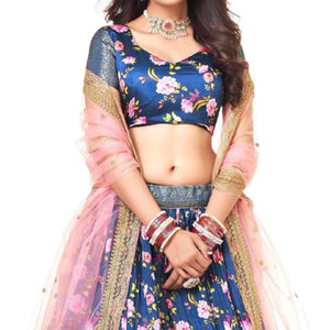 Blue Digital Printed With Zari Work Art Silk Lehenga Choli