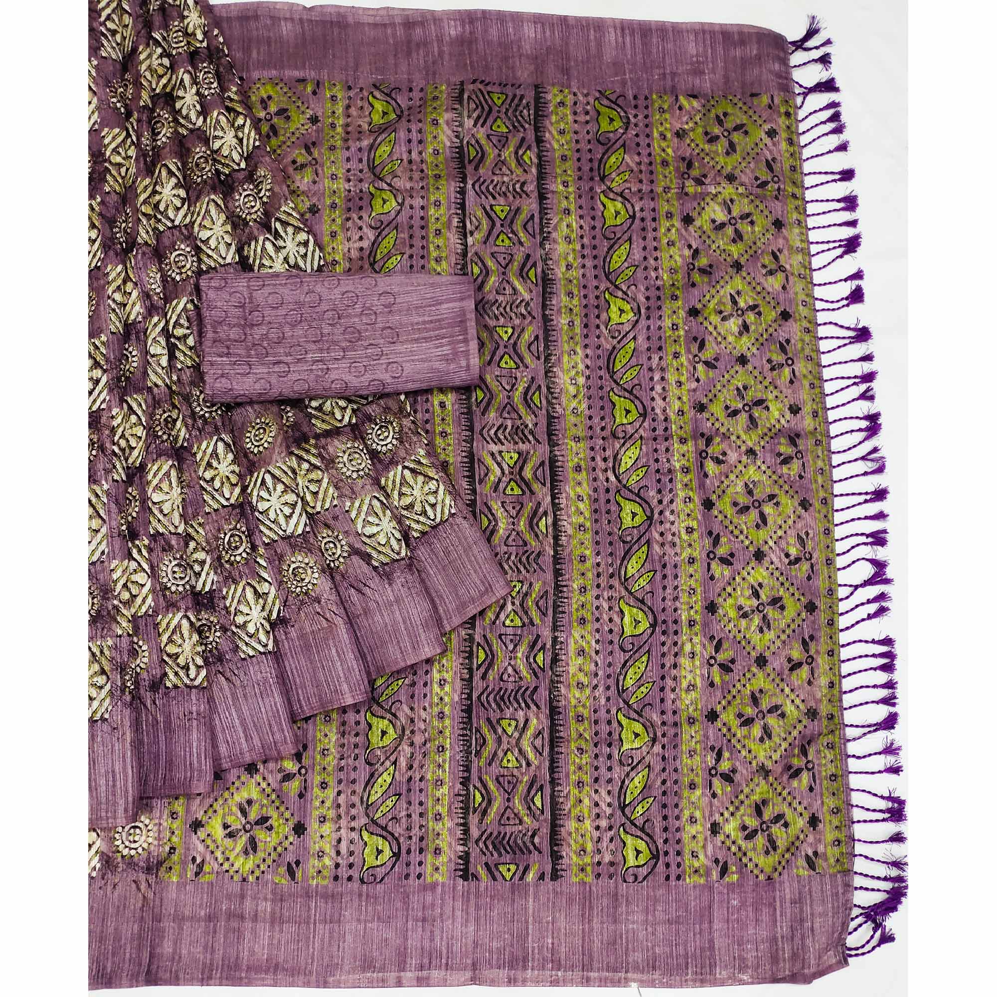 Mauve Floral Printed Art Silk Saree