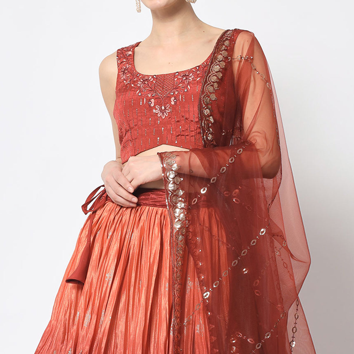 Peach Foil Printed Chiffon Lehenga Choli