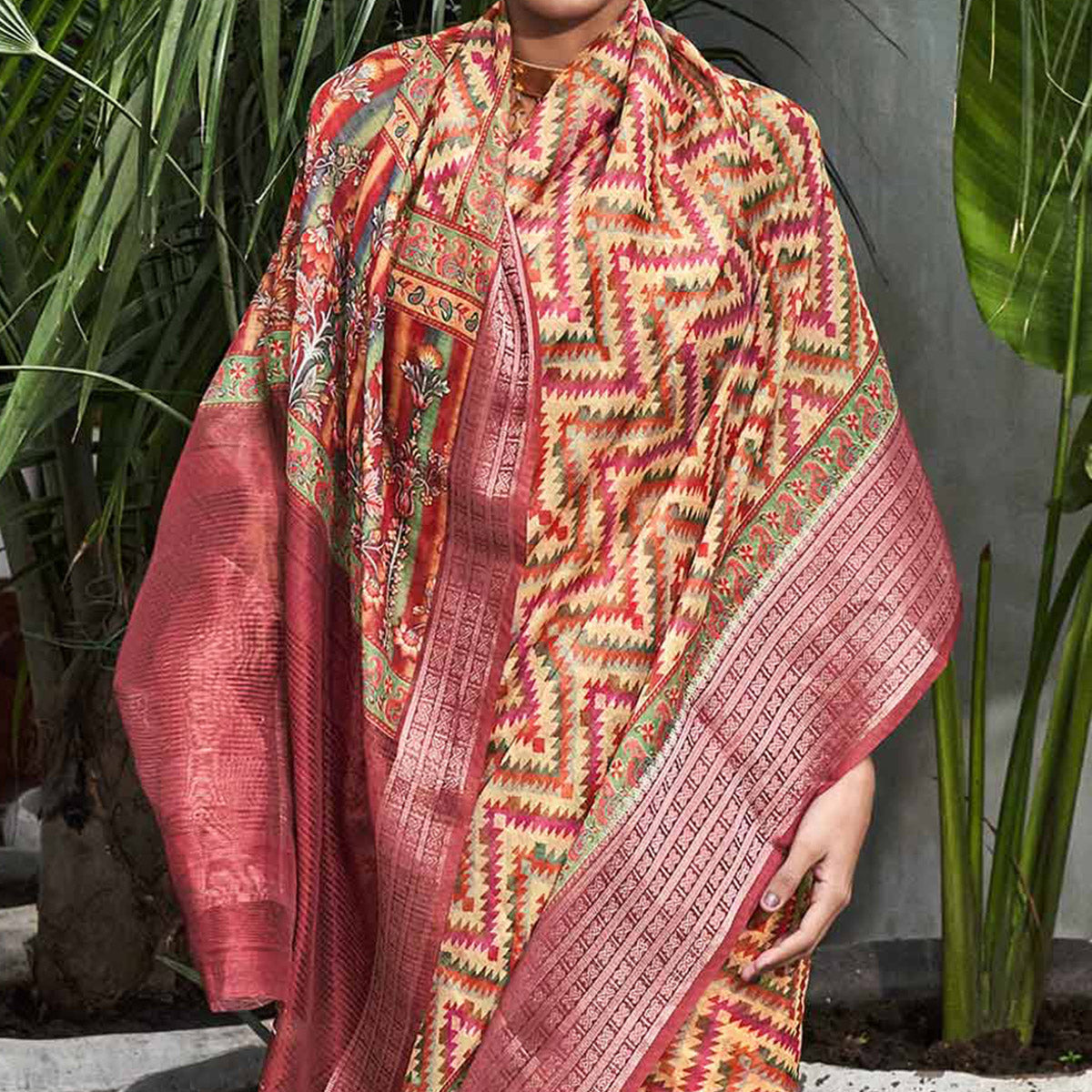 Beige Digital Printed Linen Saree