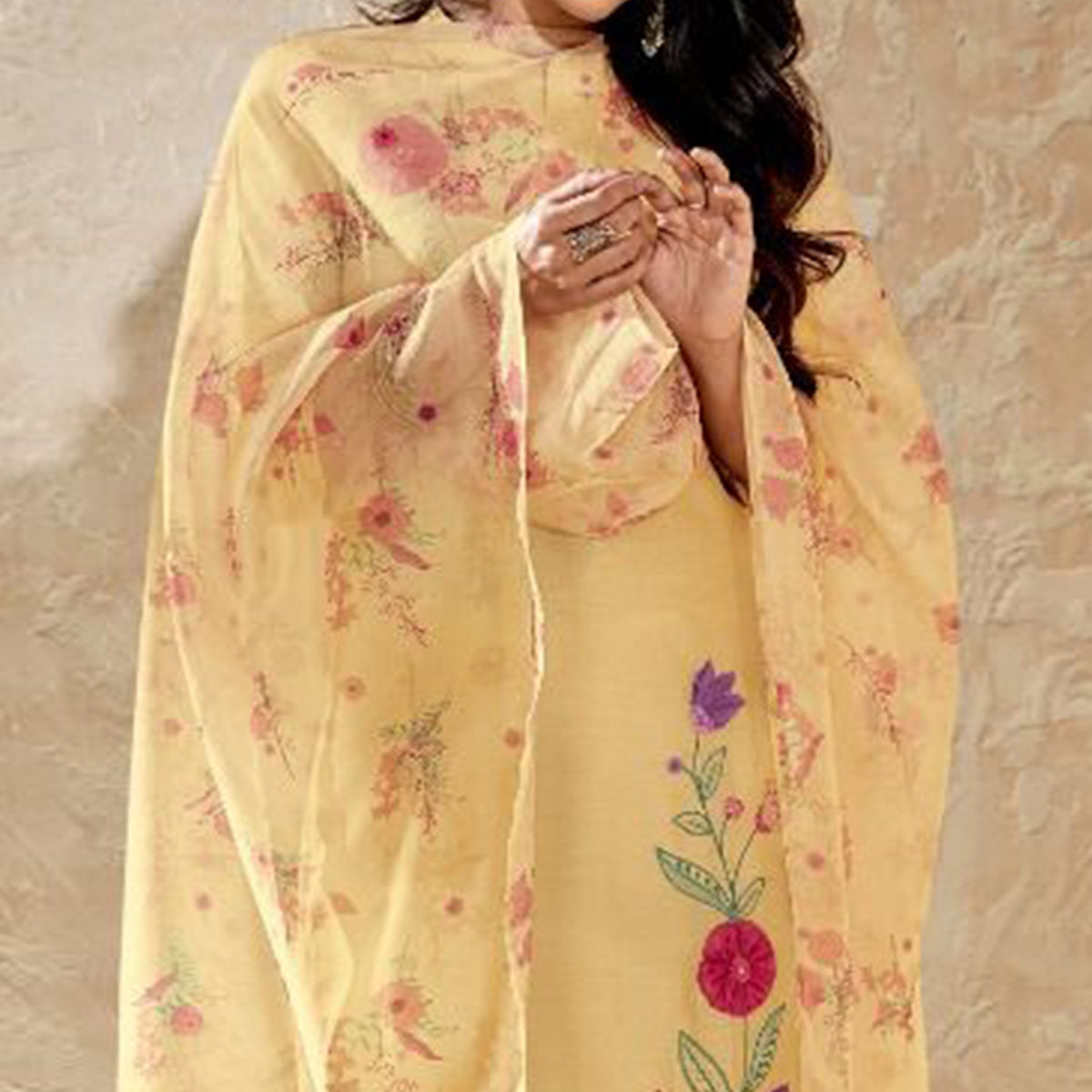Light Yellow Floral Embroidered Viscose Suit